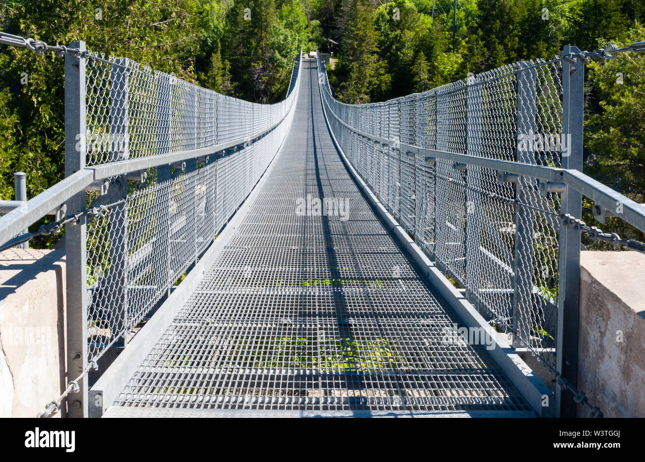 Metallo sospensione pedonale ponte Ranney Gorge in Campbellford, Ontario, Canada. Foto Stock