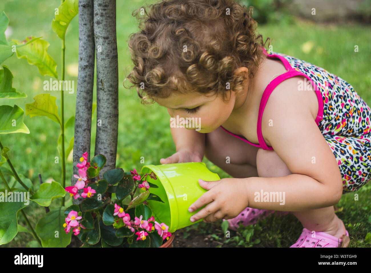 Piccola e dolce ragazza con i capelli ricci di innaffiamento di fiori colorati e un albero nel bellissimo giardino. Bambini ecologia concetto Foto Stock