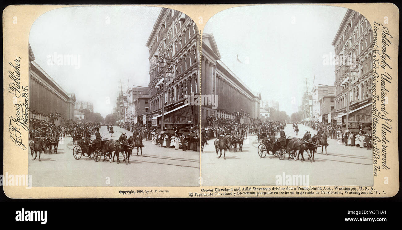 Grover Cleveland e Adlai Stevenson guida lungo Pennsylvania Avenue, Washington, Stati Uniti d'America, scheda Stereo, J.F. Gli editori di Jarvis, venduto da Underwood & Underwood, 1893 Foto Stock