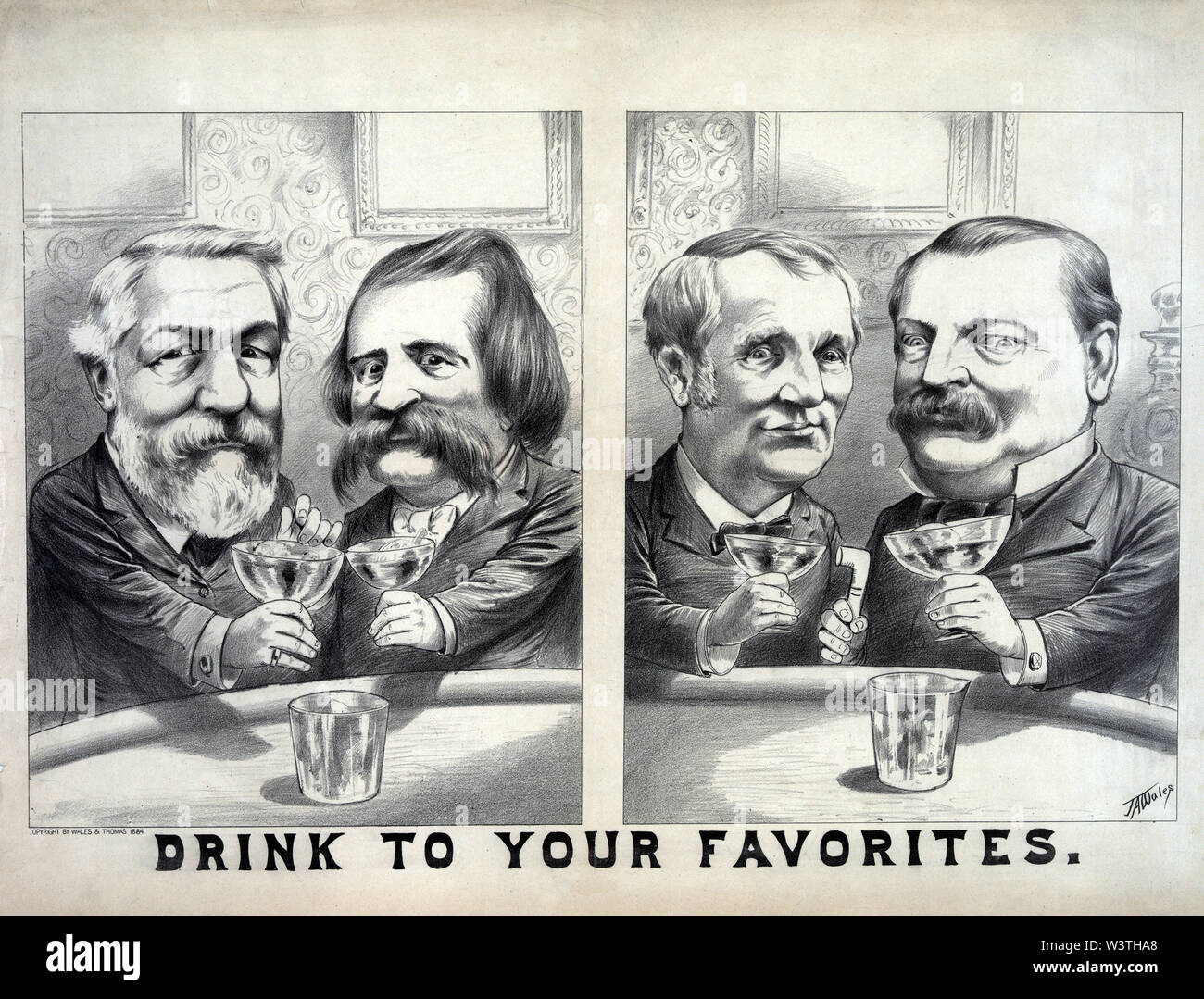 Composito di due caricature di James G. Blaine e John A. Logan la tostatura a vicenda e di Grover Cleveland e Thomas A. Hendricks tostare ogni altra, 1884 U.S. Campagna elettorale presidenziale, Artwork da James Albert Galles, 1884 Foto Stock