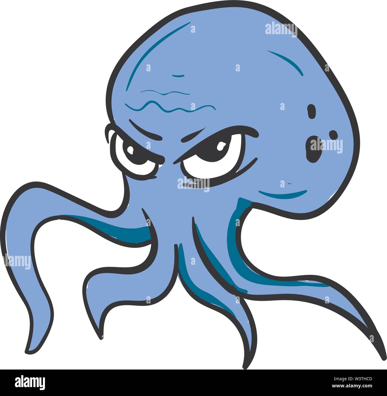 Angry blue octopus, illustrazione vettore su sfondo bianco. Illustrazione Vettoriale