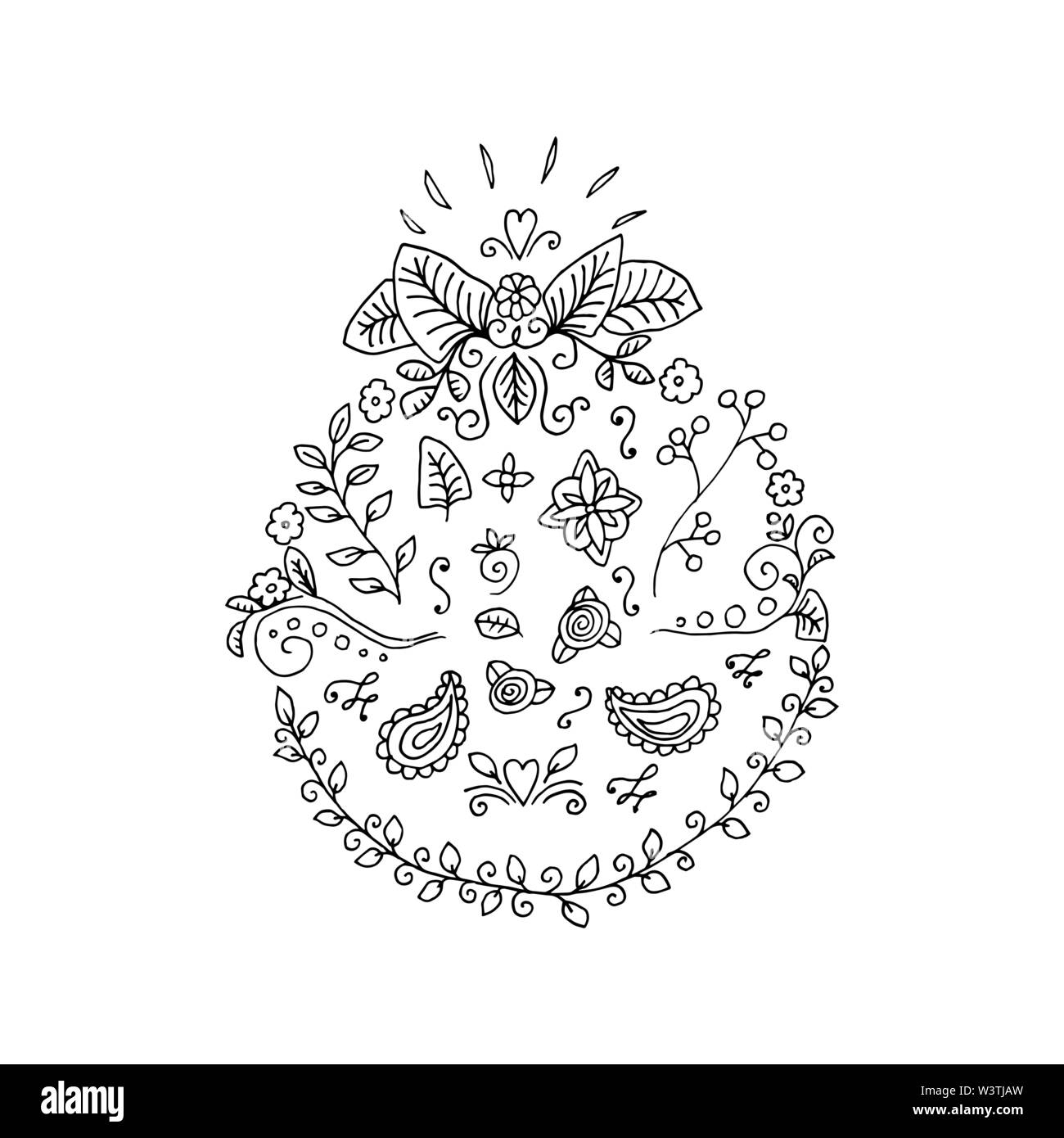 Contorno nero fiorisce e ornamenti decorativi per la progettazione. Disegnato a mano gli elementi isolati. Illustrazione Vettoriale Illustrazione Vettoriale