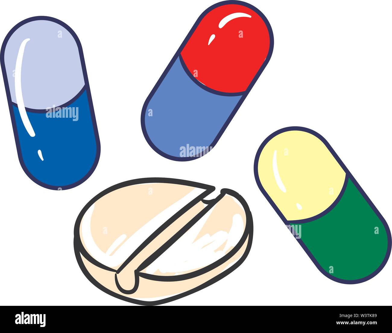 Pillole medicinali, illustrazione vettore su sfondo bianco. Illustrazione Vettoriale