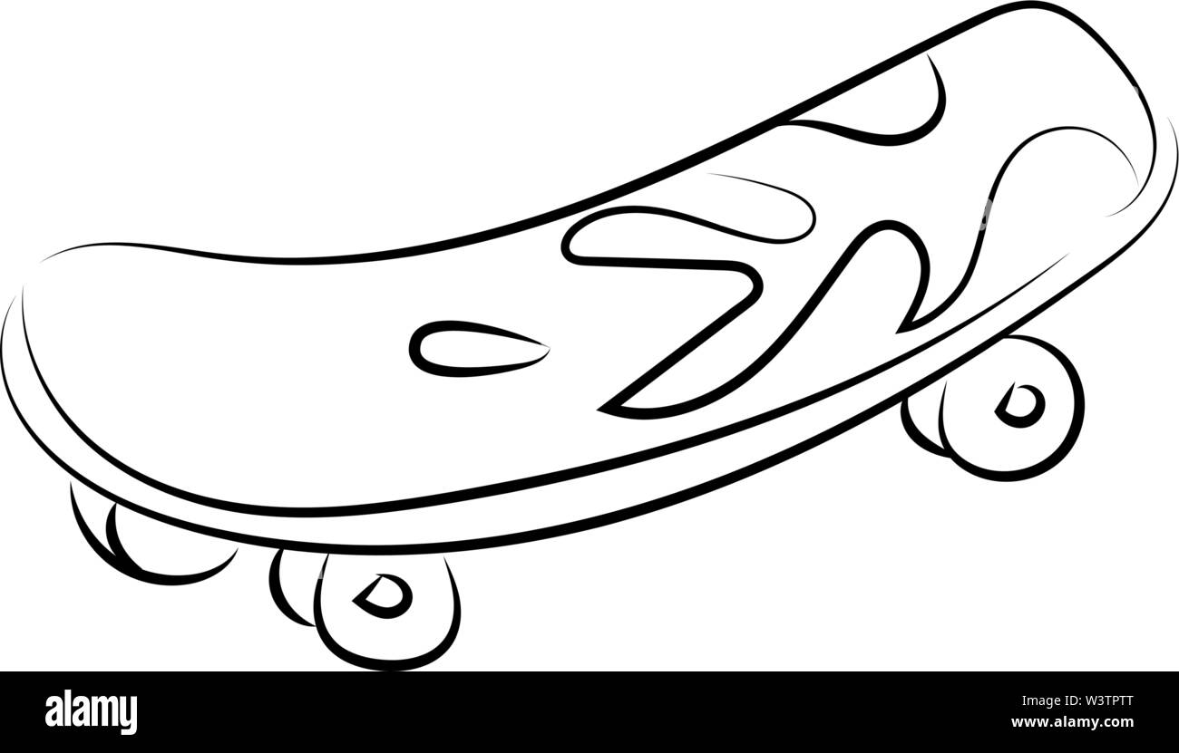 Skateboard con fiamme, illustrazione vettore su sfondo bianco. Illustrazione Vettoriale