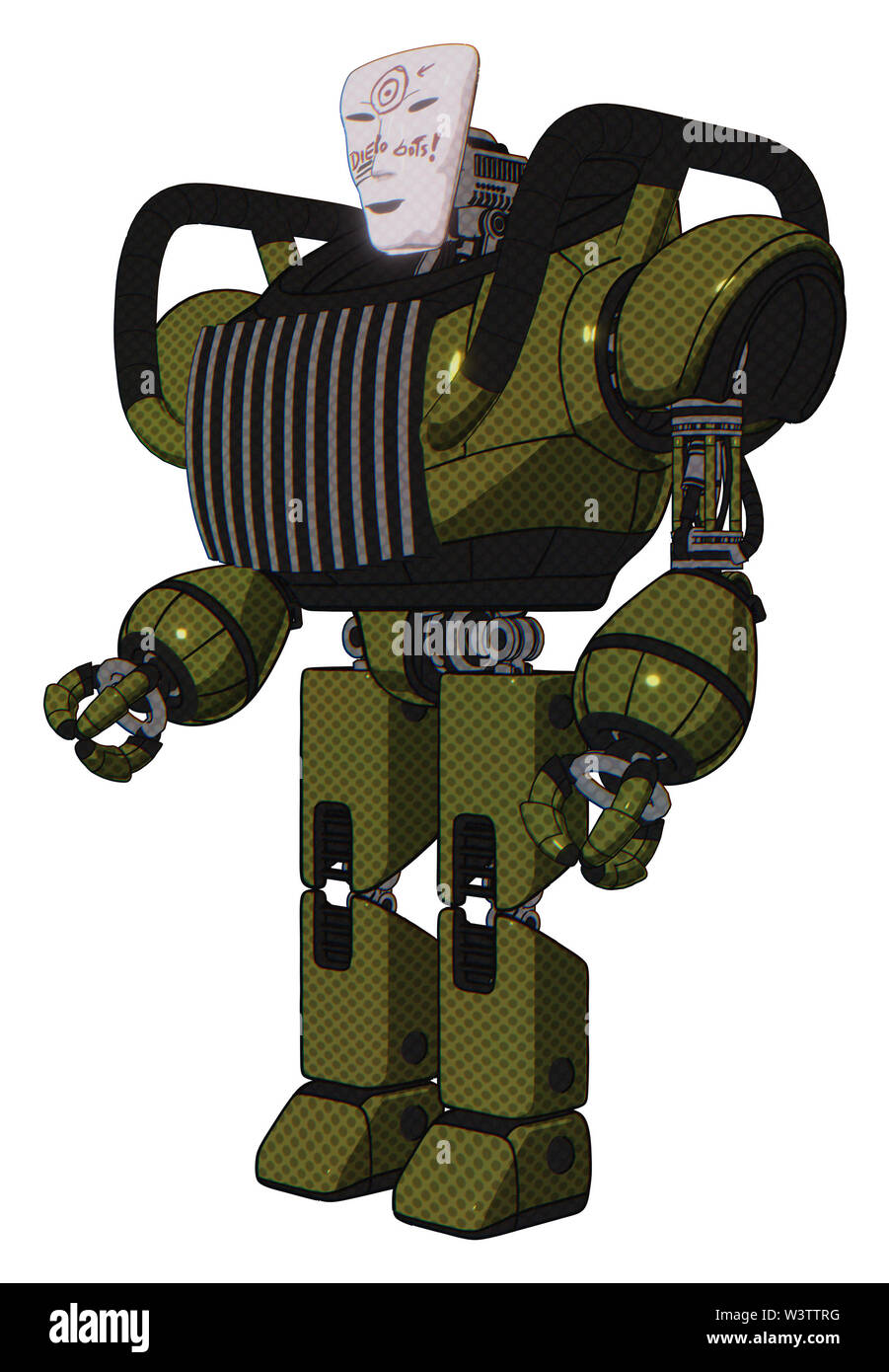 Bot contenente elementi: humanoid maschera facciale, die robot design graffiti, pesante nella parte superiore del torace, torace aeratori, prototipo exoplate gambe. Materiale: esercito... Foto Stock