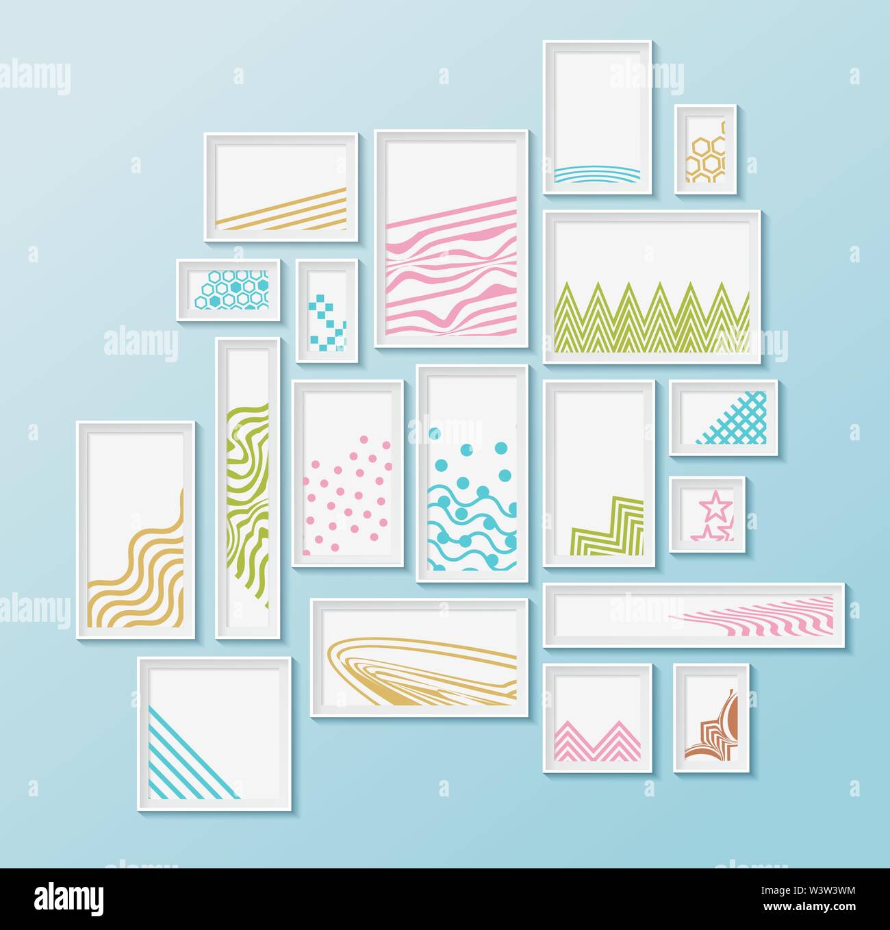 Diversi telai pictire con semplici colorati patters geometrici su un blu brillante parete. Set di frontiere realistica per la galleria d'arte mockup, wallpaper design, completamente modificabile, è possibile spostare qualsiasi oggetto Illustrazione Vettoriale