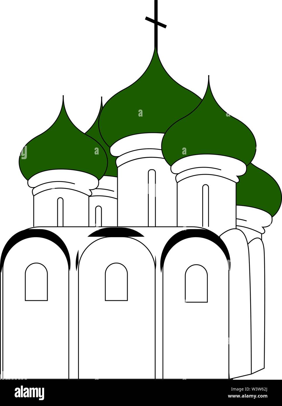 Chiesa Russa con il tetto verde, illustrazione vettore su sfondo bianco. Illustrazione Vettoriale