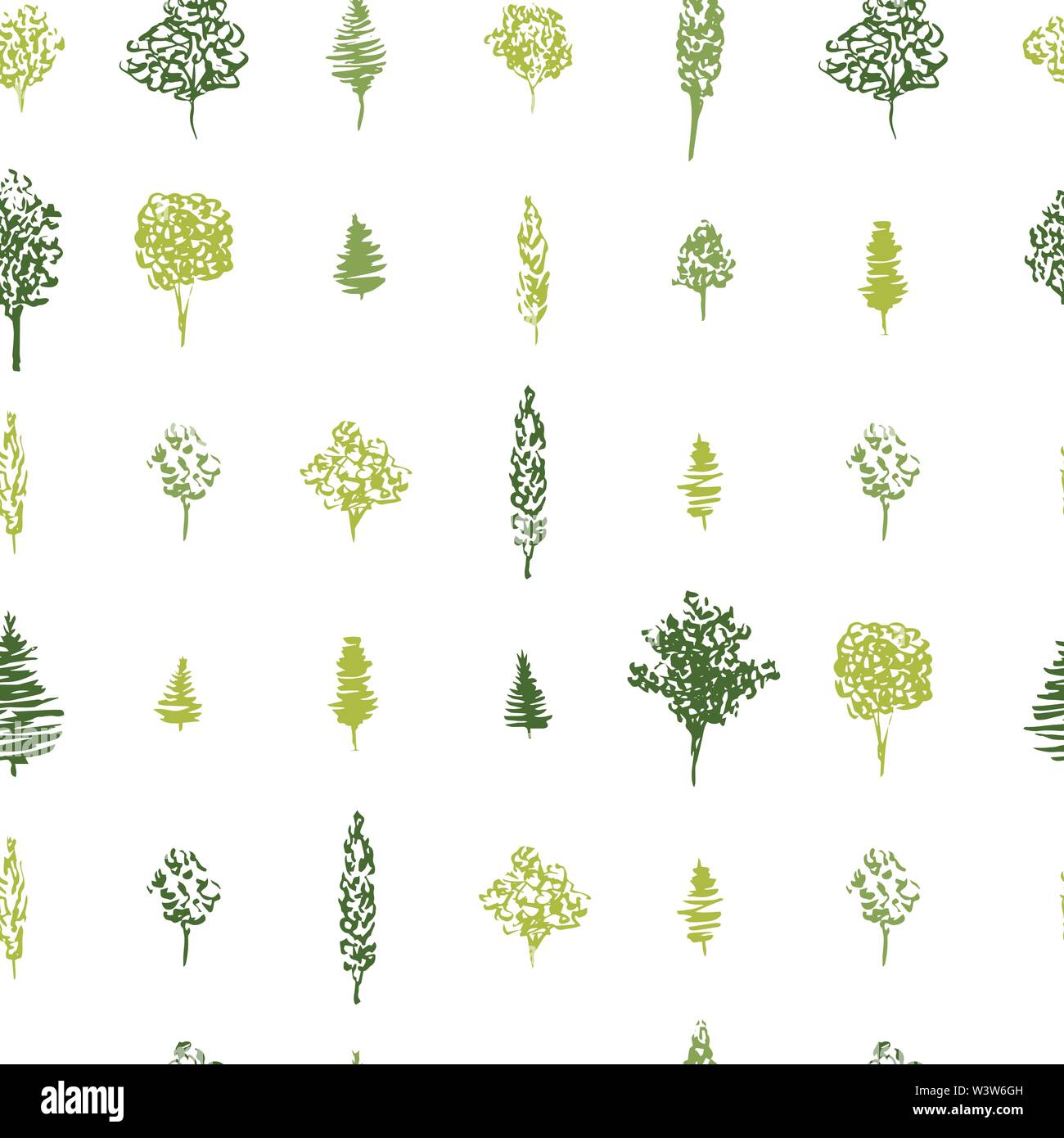Albero verde senza giunture di pattern per il disegno di tessuto. Modello di disegnato a mano verde inchiostro alberi. Illustrazione Vettoriale di diversi alberi forestali nella ripetizione geometrica Illustrazione Vettoriale