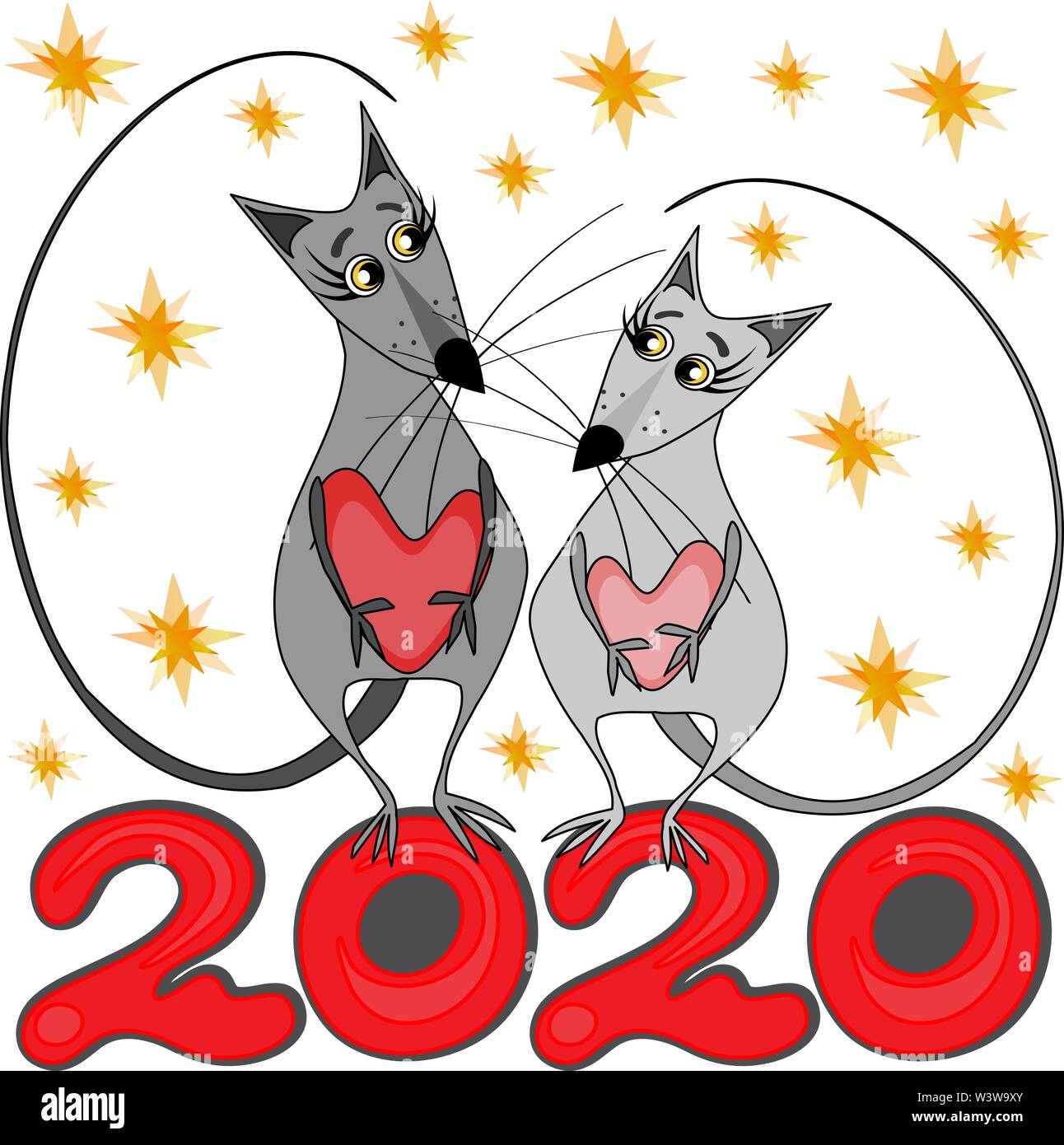 Illustrazione Vettoriale, cartolina - Felice anno nuovo 2020. Oroscopo Cinese - anno del ratto. Due ratti grigio in amore incontrare il nuovo anno Illustrazione Vettoriale