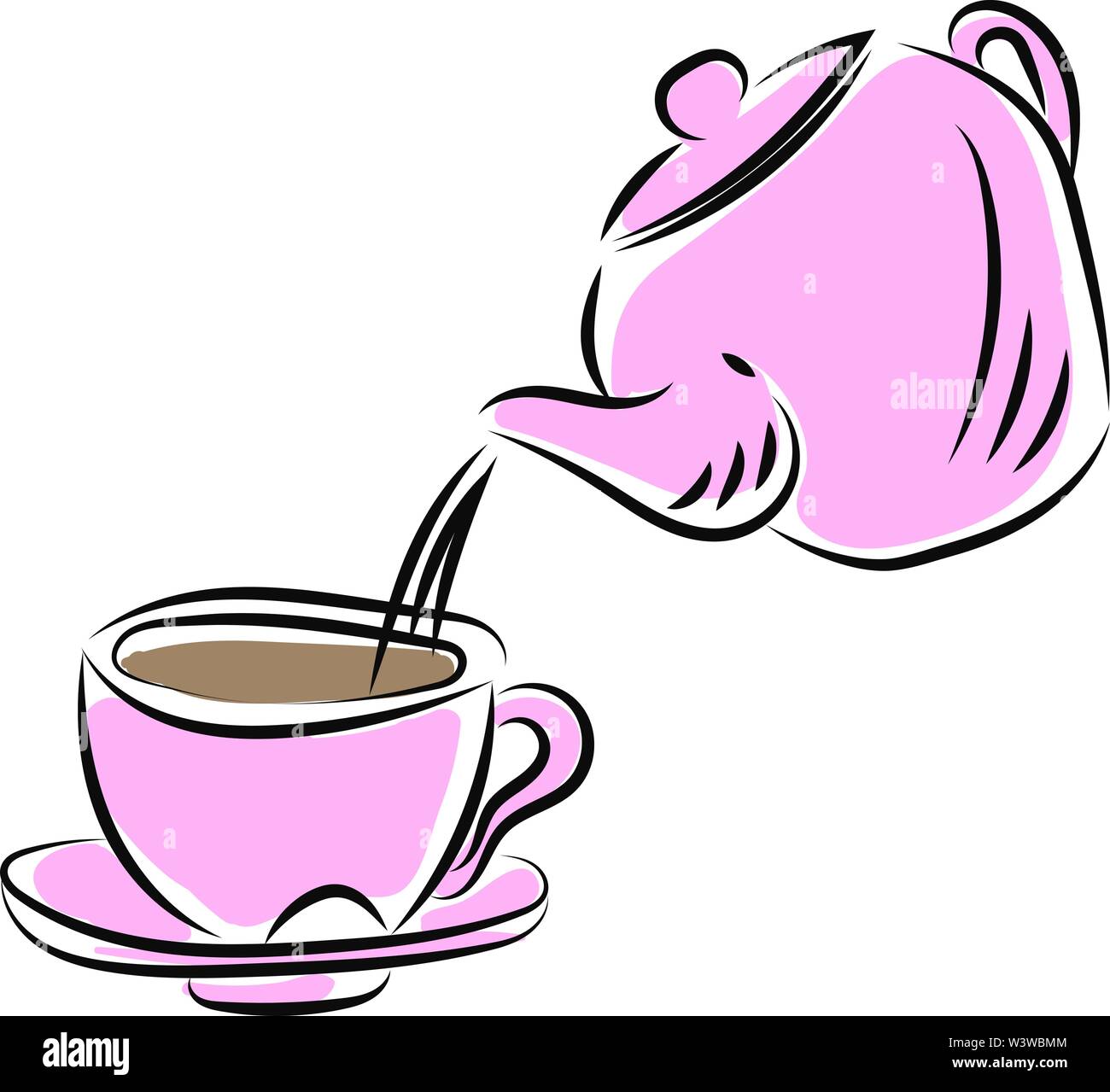 Versando il tè nella tazza da tè, illustrazione vettore su sfondo bianco. Illustrazione Vettoriale