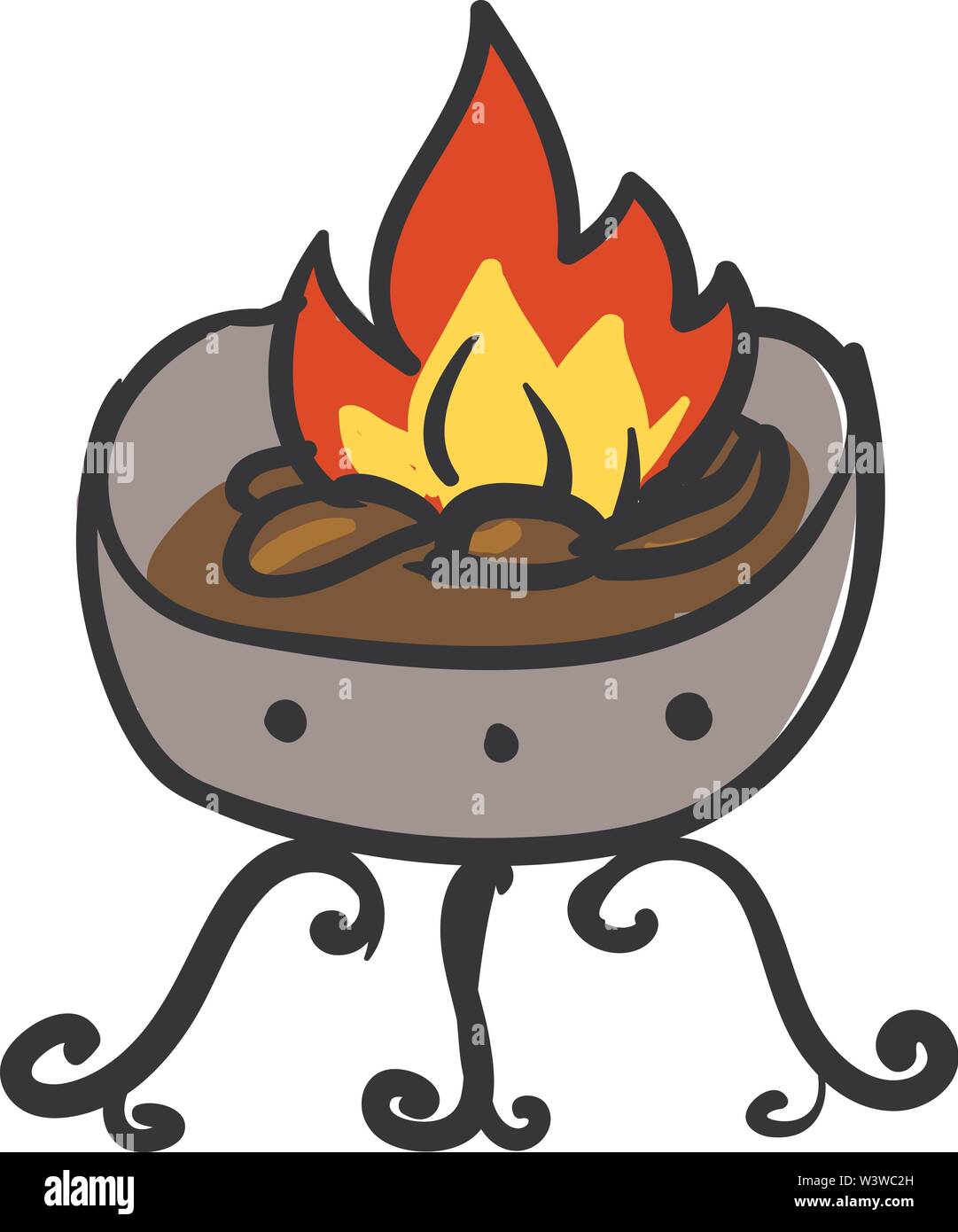 Round braciere con il fuoco, illustrazione vettore su sfondo bianco. Illustrazione Vettoriale