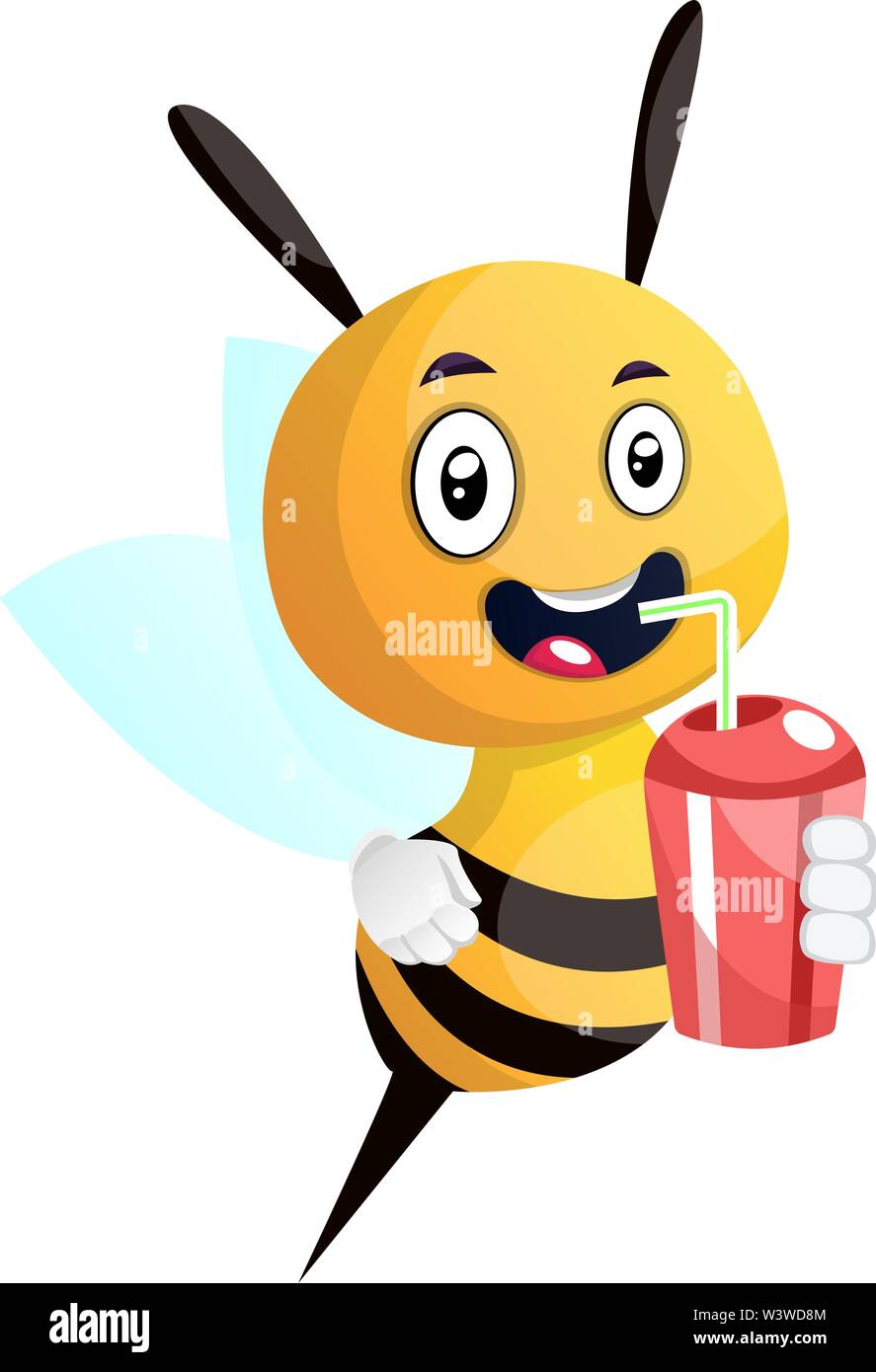 Bee di bere succo di frutta, sorridente, illustrazione, vettore su sfondo bianco. Illustrazione Vettoriale