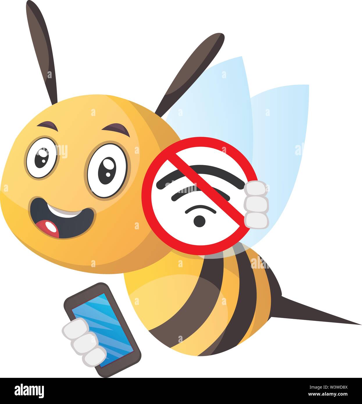 Bee tenendo un telefono, n. wi-fi, illustrazione, vettore su sfondo bianco. Illustrazione Vettoriale