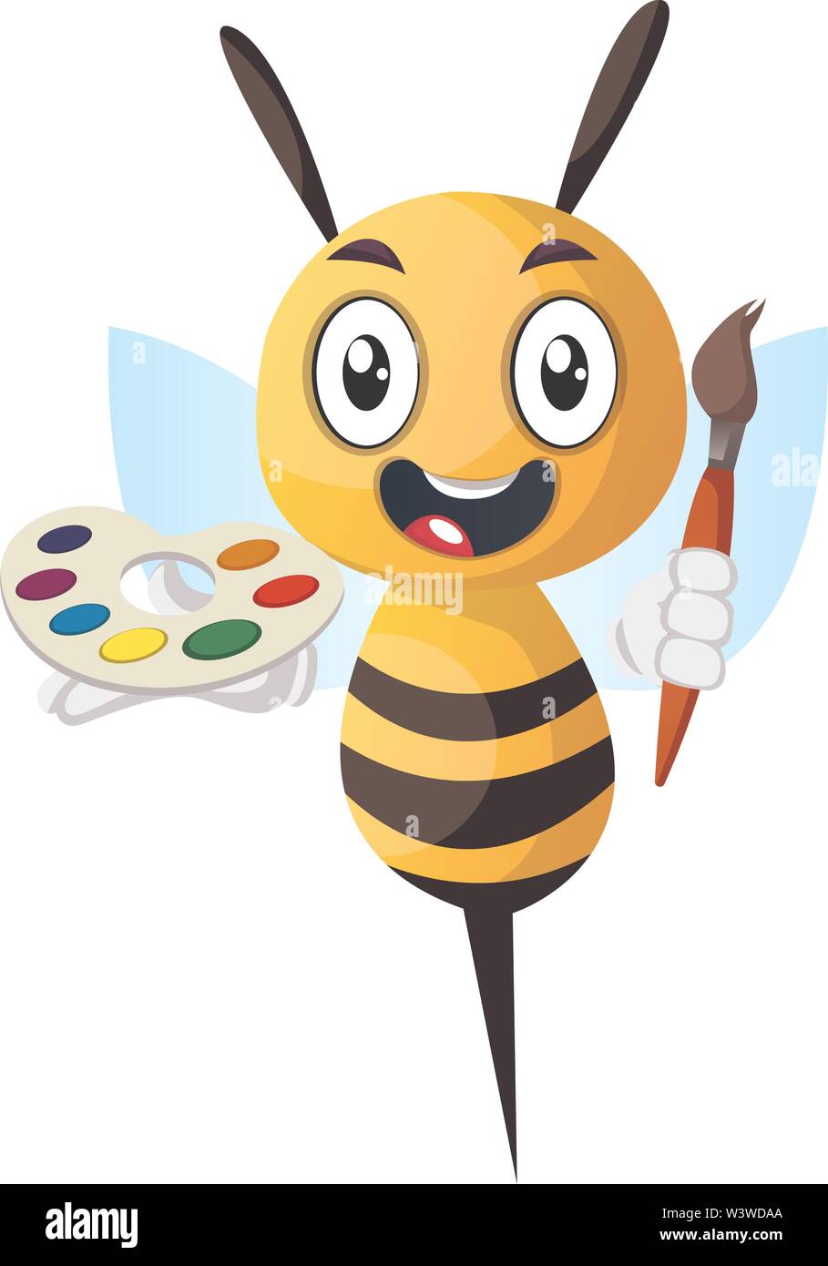 Bee tenendo il pennello e la tavolozza dei colori, illustrazione vettore su sfondo bianco. Illustrazione Vettoriale