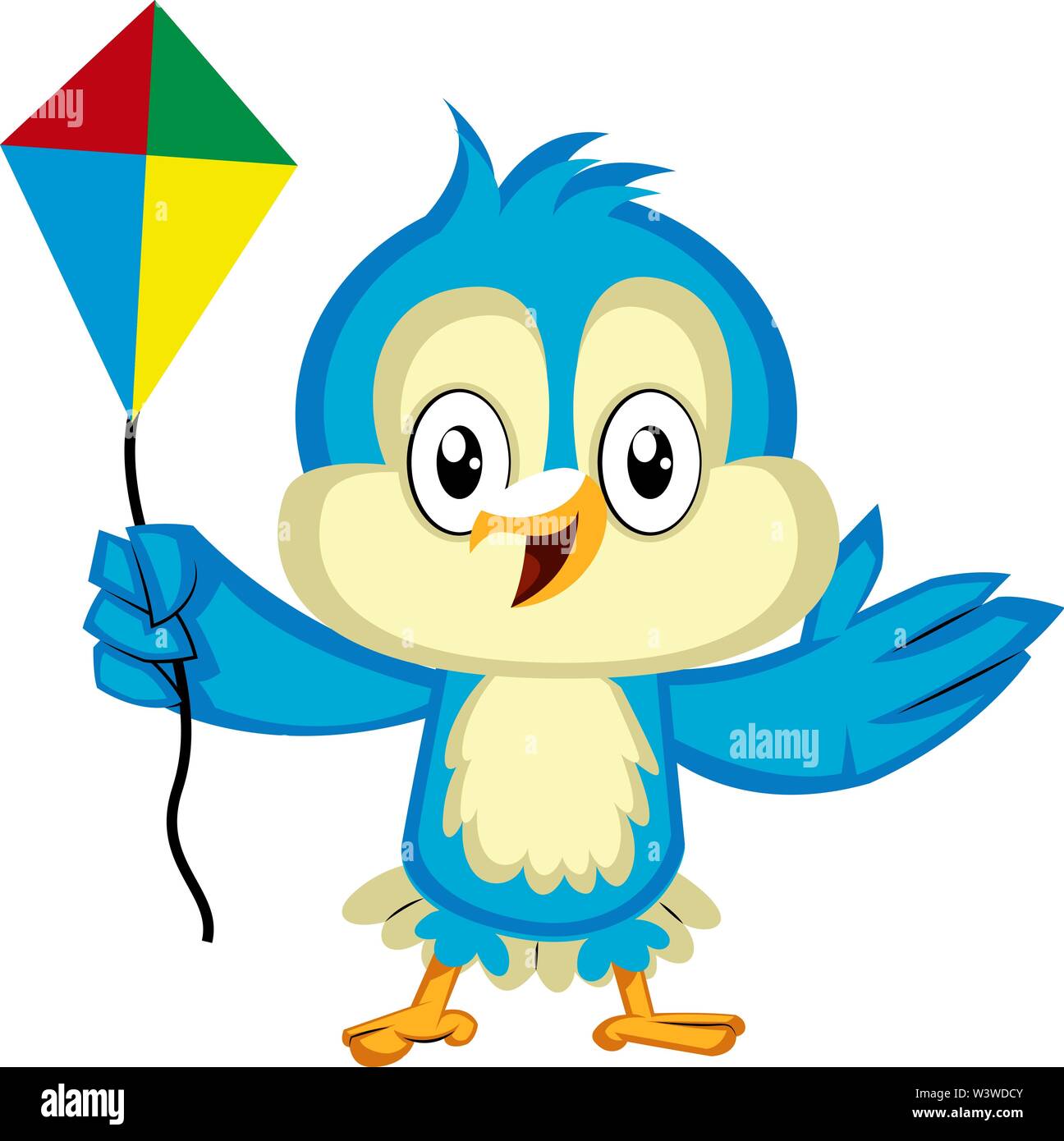 Blue Bird sta tenendo in mano un aquilone, illustrazione vettore su sfondo bianco. Illustrazione Vettoriale