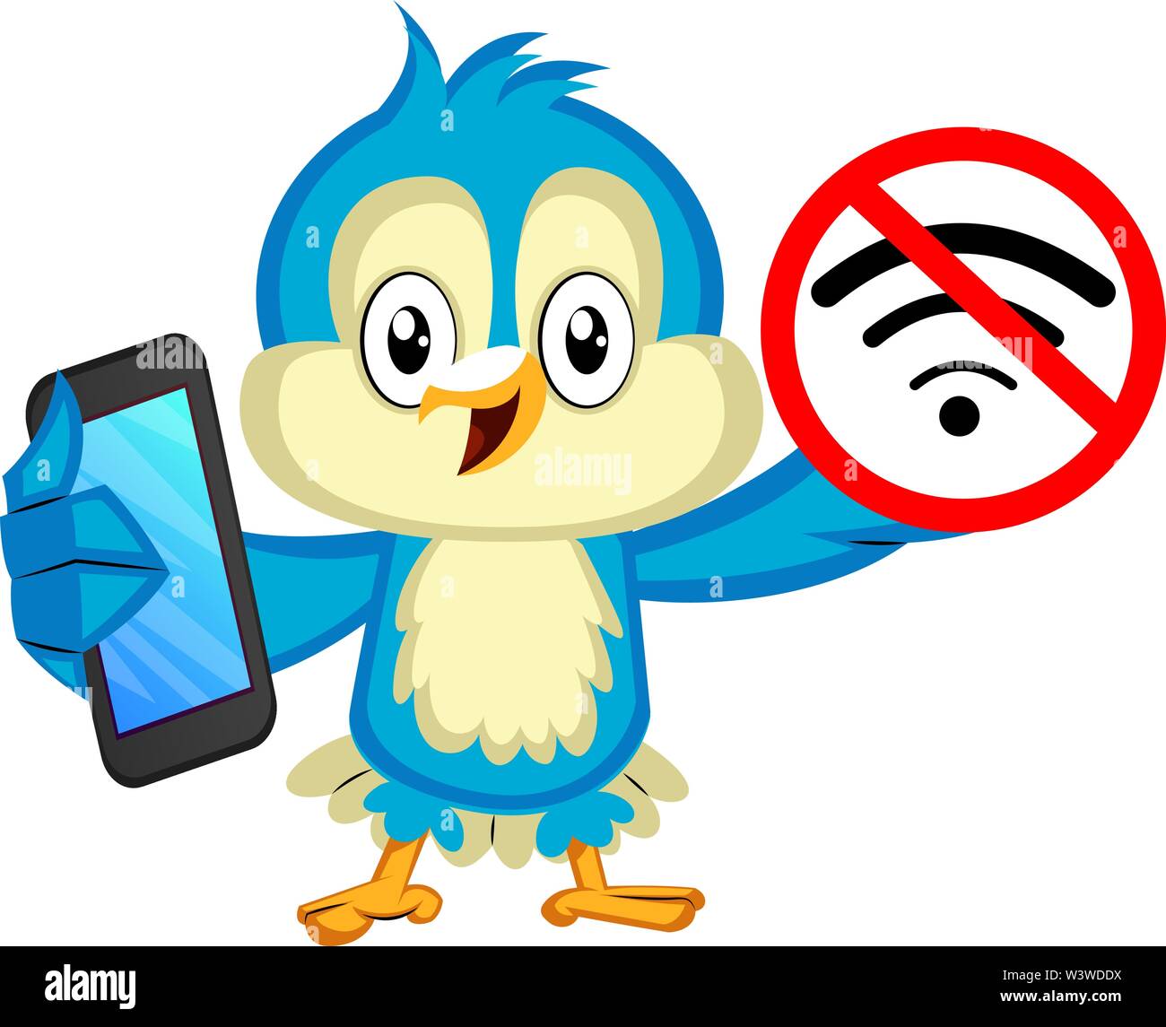 Blue Bird con telefono e nessun segnale wi-fi, illustrazione vettore su sfondo bianco. Illustrazione Vettoriale