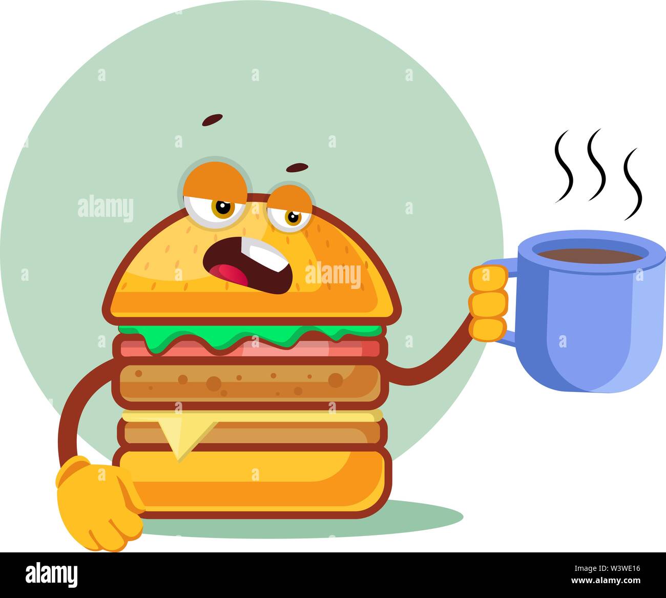 Il Burger è in possesso di una tazza da caffè, illustrazione vettore su sfondo bianco. Illustrazione Vettoriale