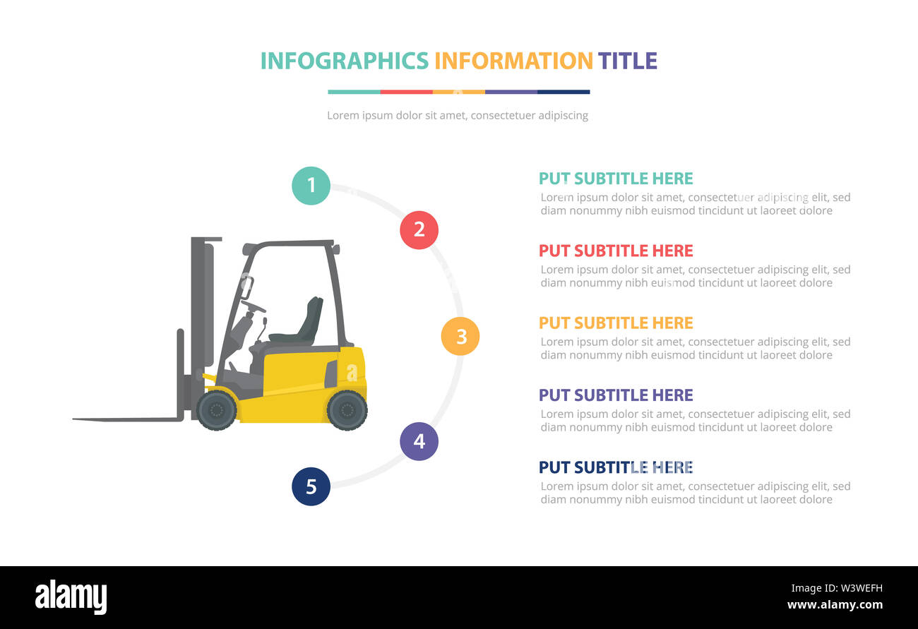 Carrello modello infografico concetto con cinque punti elenco e di vari colori con pulito e moderno sfondo bianco - illustrazione vettoriale Foto Stock