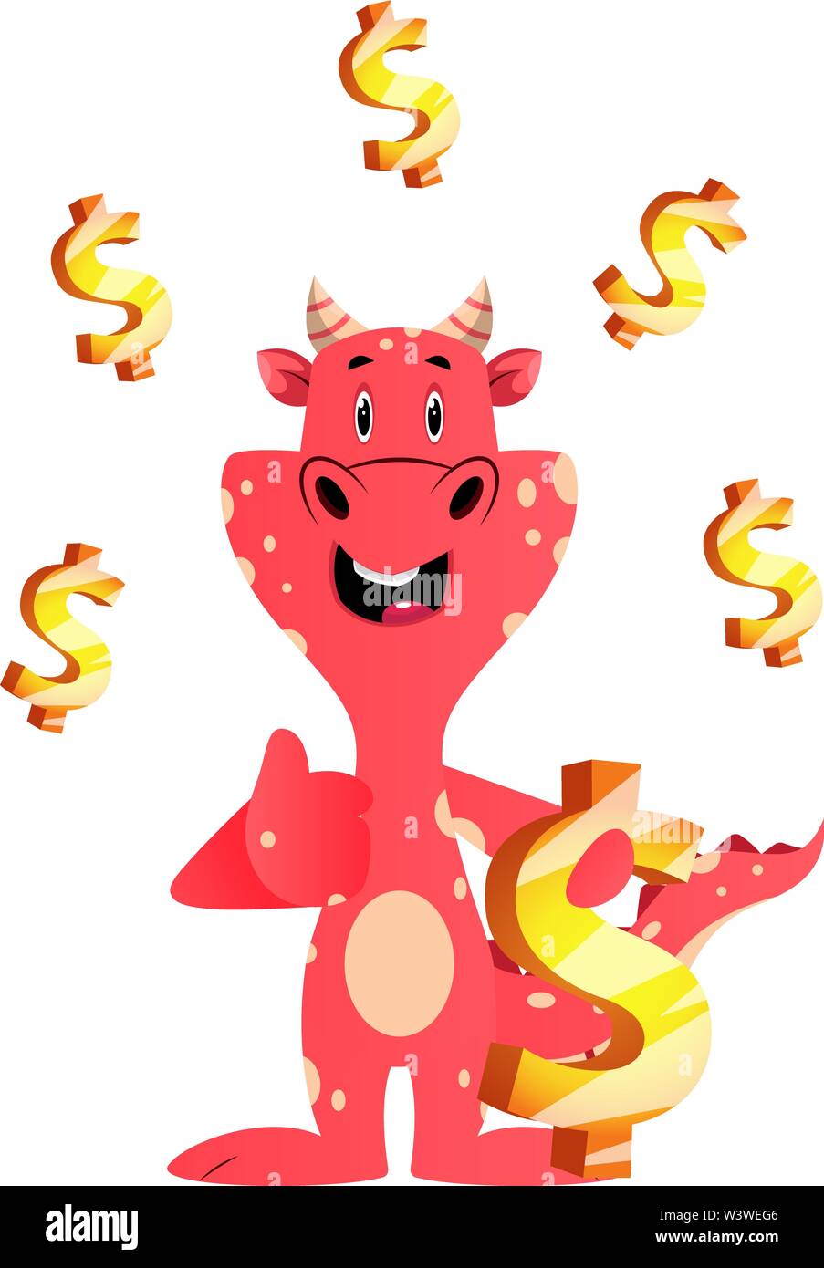 Il drago rosso è in possesso del dollaro, illustrazione vettore su sfondo bianco. Illustrazione Vettoriale