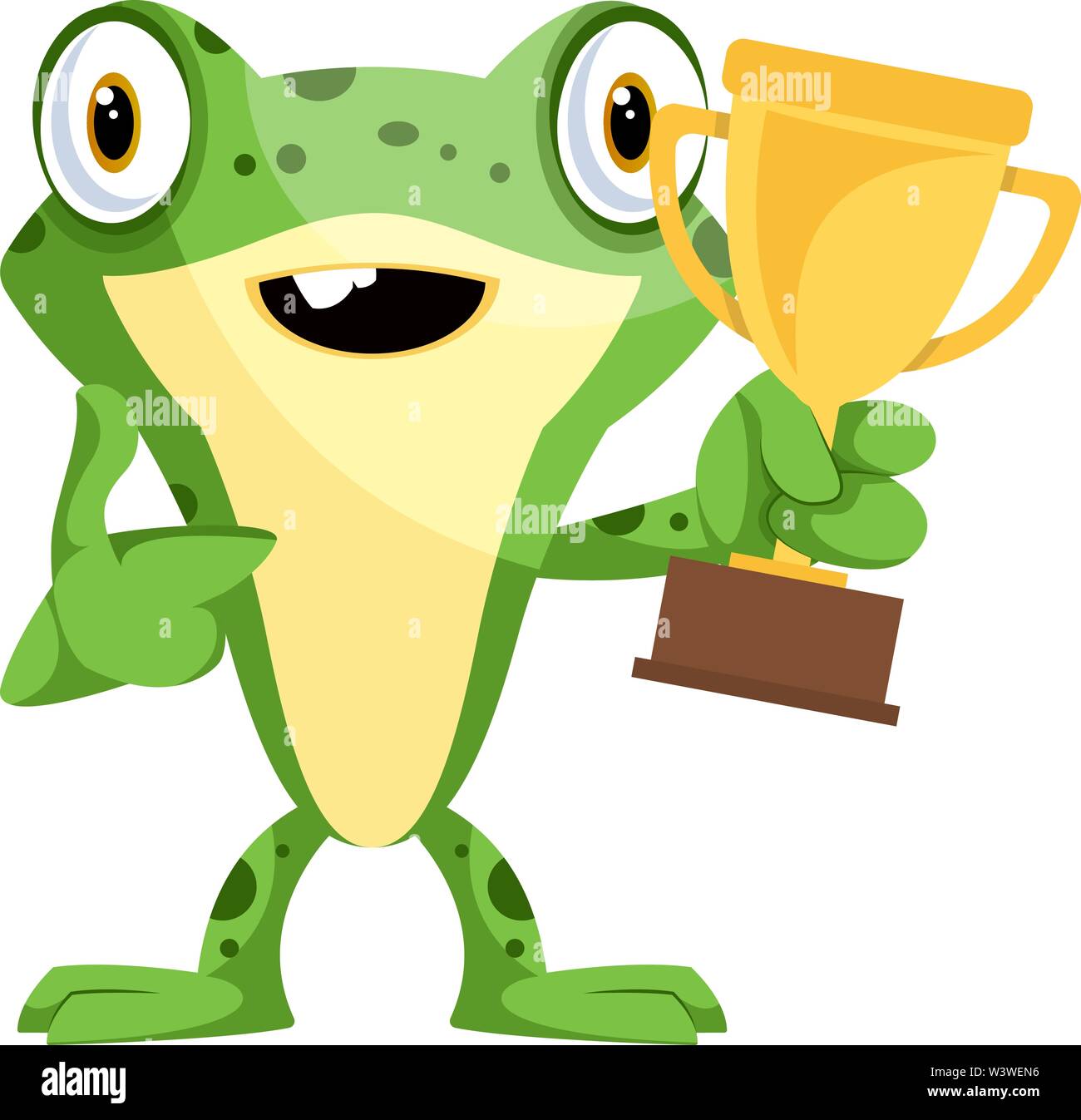 Felice mascotte rana ha vinto un trofeo, illustrazione vettore su sfondo bianco. Illustrazione Vettoriale