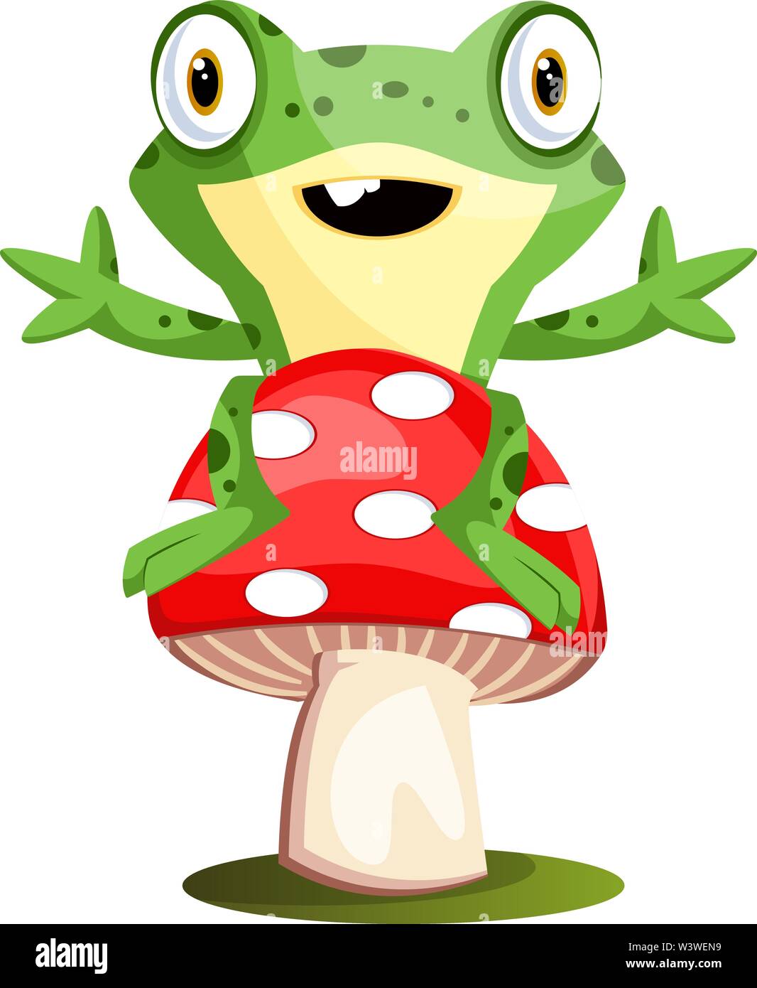 Gioioso mascotte rana seduto su un fungo, illustrazione vettore su sfondo bianco. Illustrazione Vettoriale