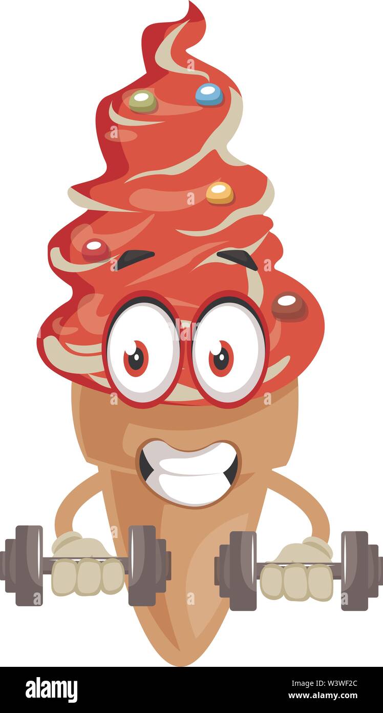 Ice Cream sollevamento pesi, illustrazione vettore su sfondo bianco. Illustrazione Vettoriale