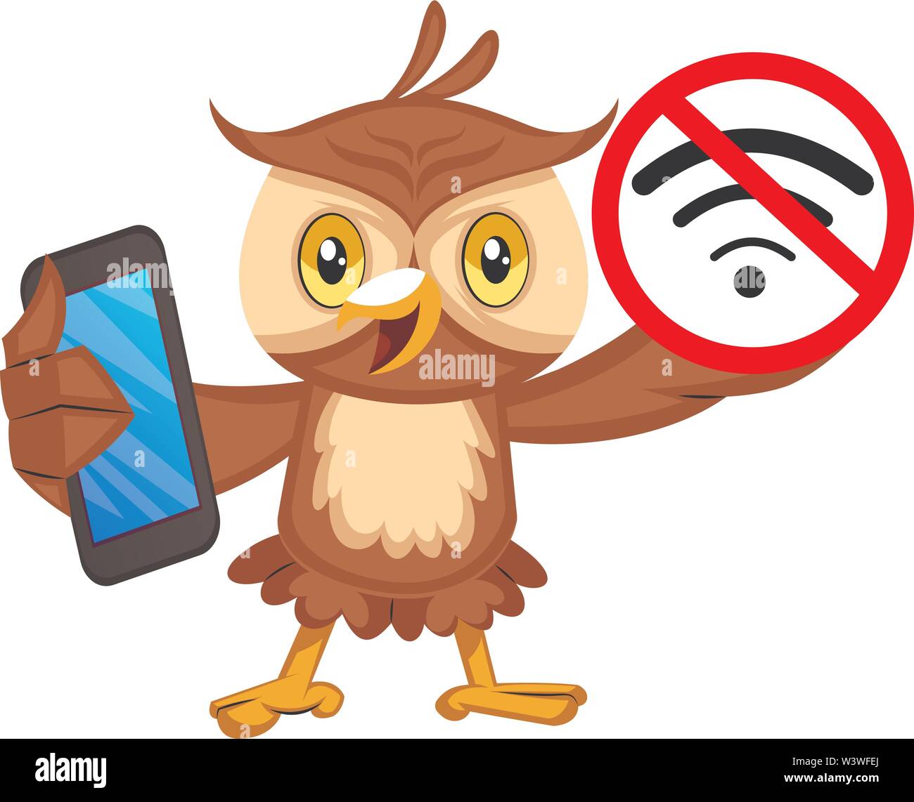 Owl con nessun segnale wifi, illustrazione vettore su sfondo bianco. Illustrazione Vettoriale