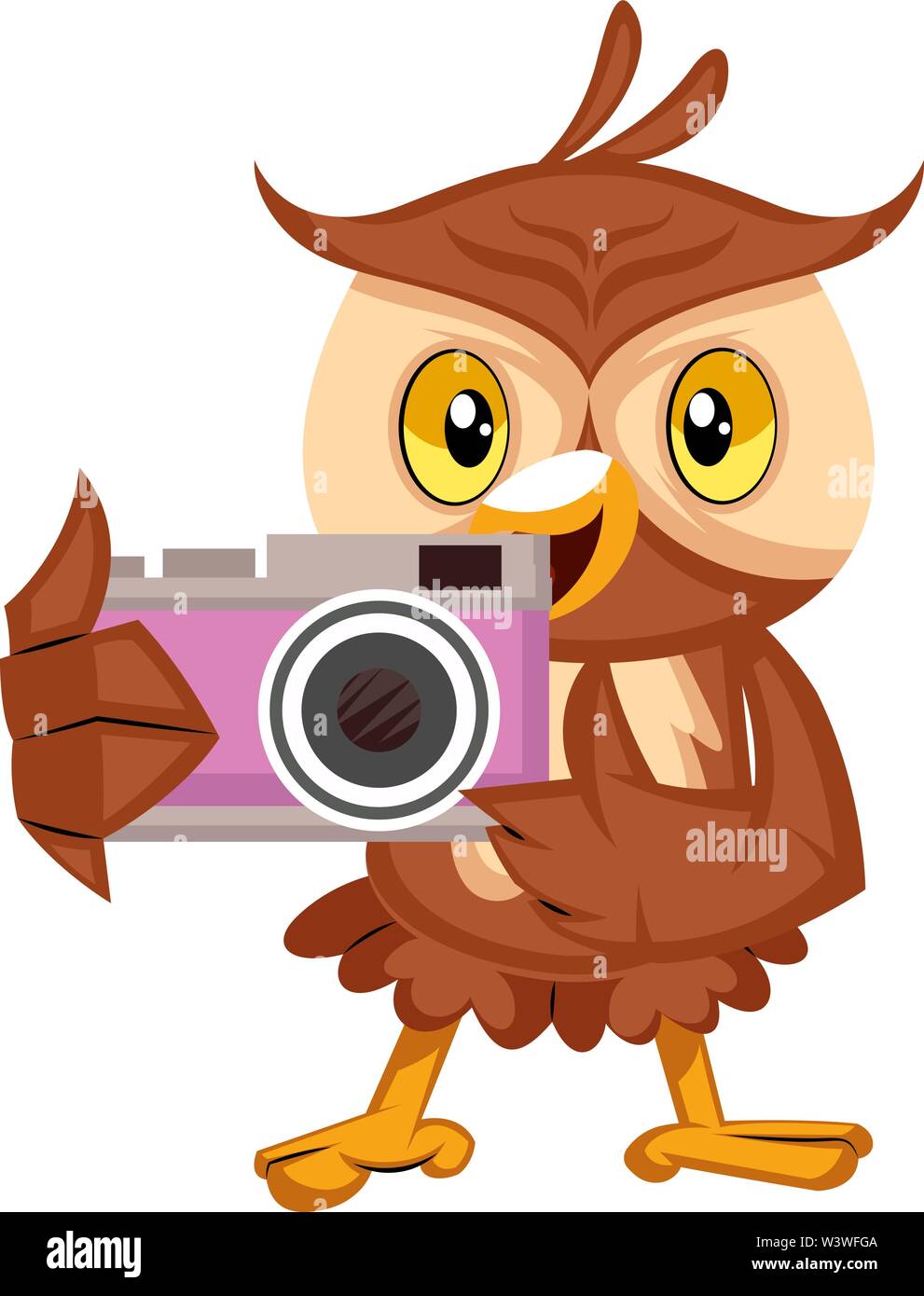 Owl con fotocamera, illustrazione, vettore su sfondo bianco. Illustrazione Vettoriale