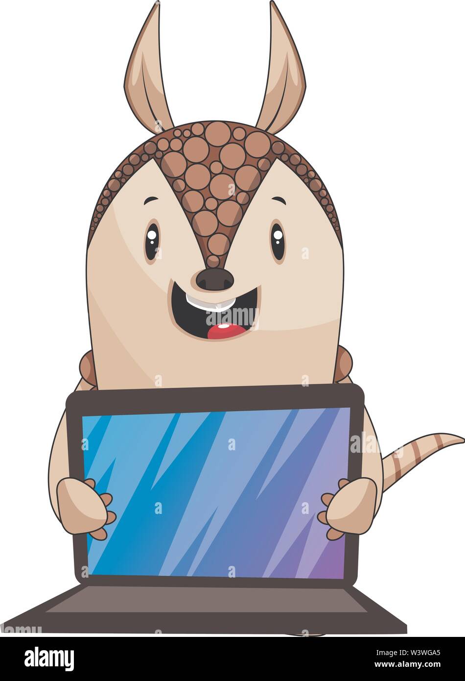 Armadillo tenendo premuto lap top, illustrazione vettore su sfondo bianco. Illustrazione Vettoriale
