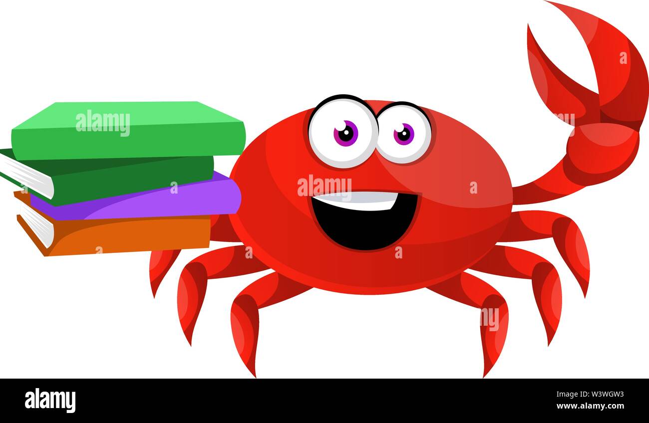 Il granchio con libri, illustrazione, vettore su sfondo bianco. Illustrazione Vettoriale