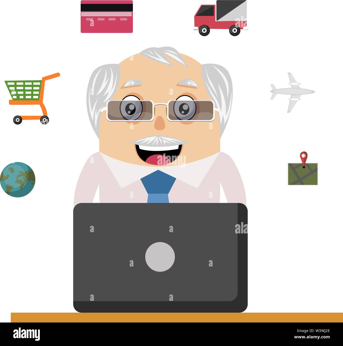 Il vecchio uomo che lavora al pc, illustrazione, vettore su sfondo bianco. Illustrazione Vettoriale