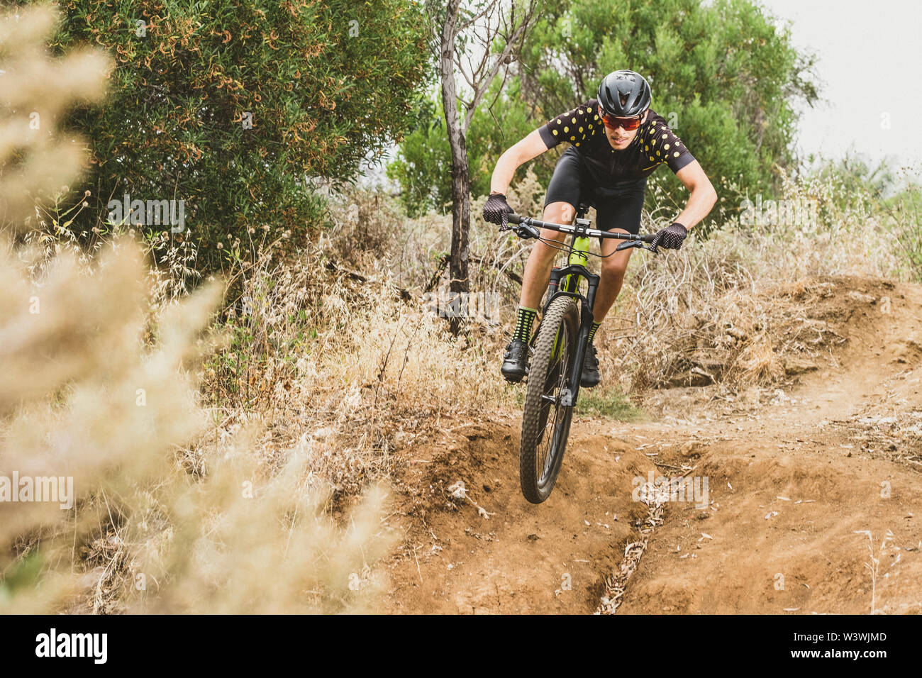 Corpo pieno di mountain bike ciclista facendo un salto nella foresta Foto Stock