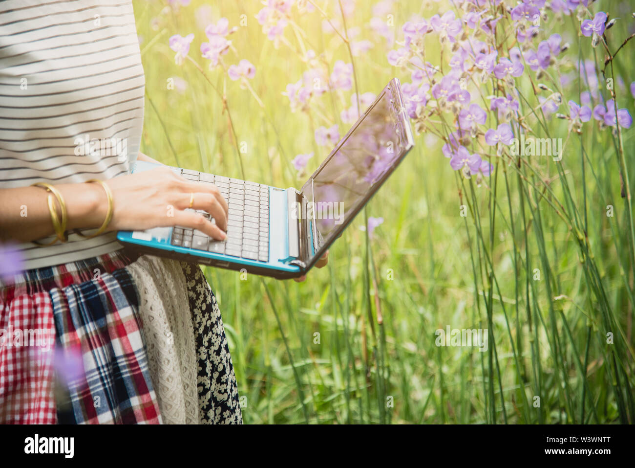 Giovani asiatici bella donna con volto sorridente lavorando all'aperto in un parco pubblico. Lavorando su laptop all'esterno. Immagine ritagliata del lavoro femminile su laptop Foto Stock