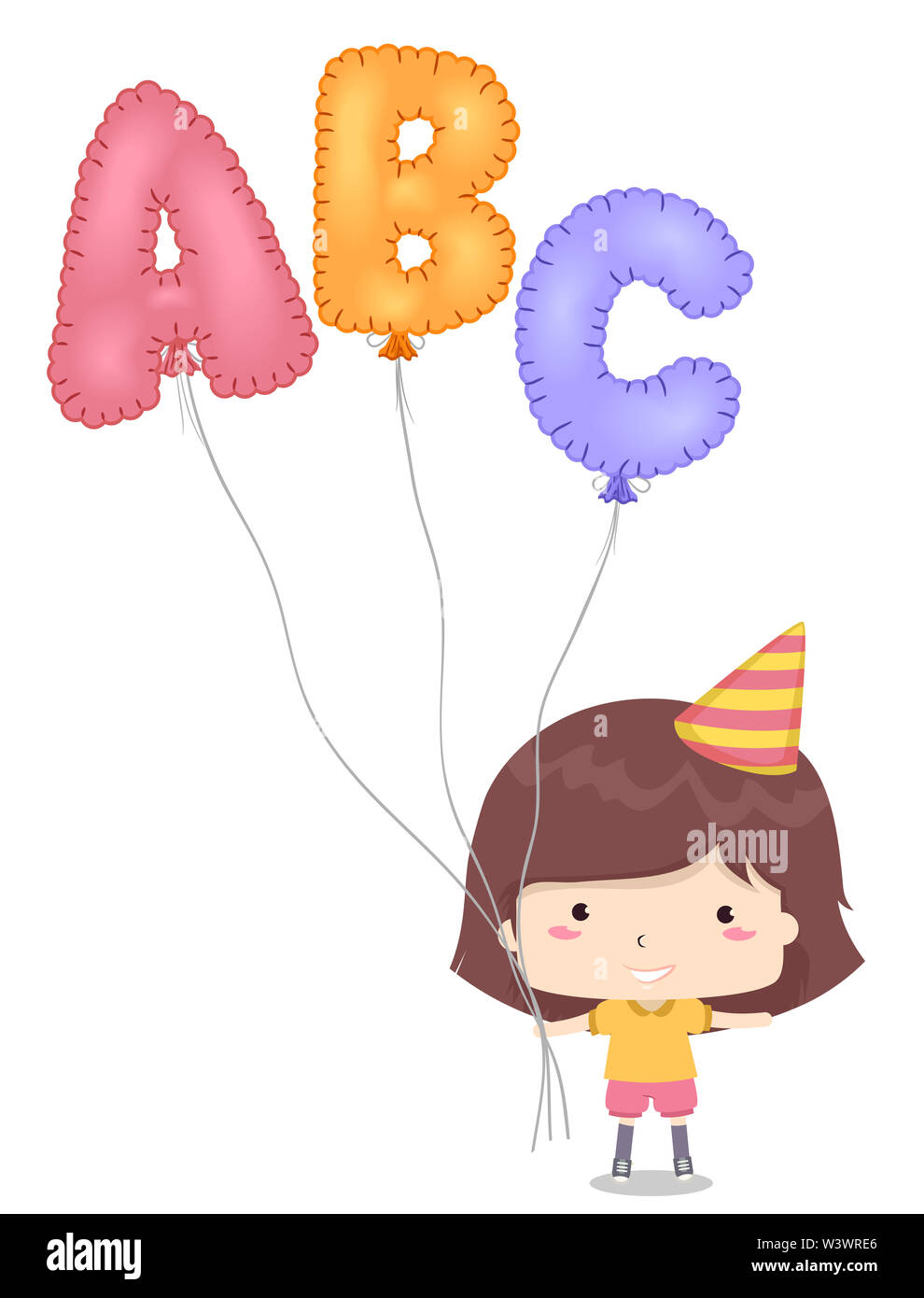 Illustrazione di un bambino bambina indossa un cappello di compleanno e azienda ABC palloncini in Mylar Foto Stock