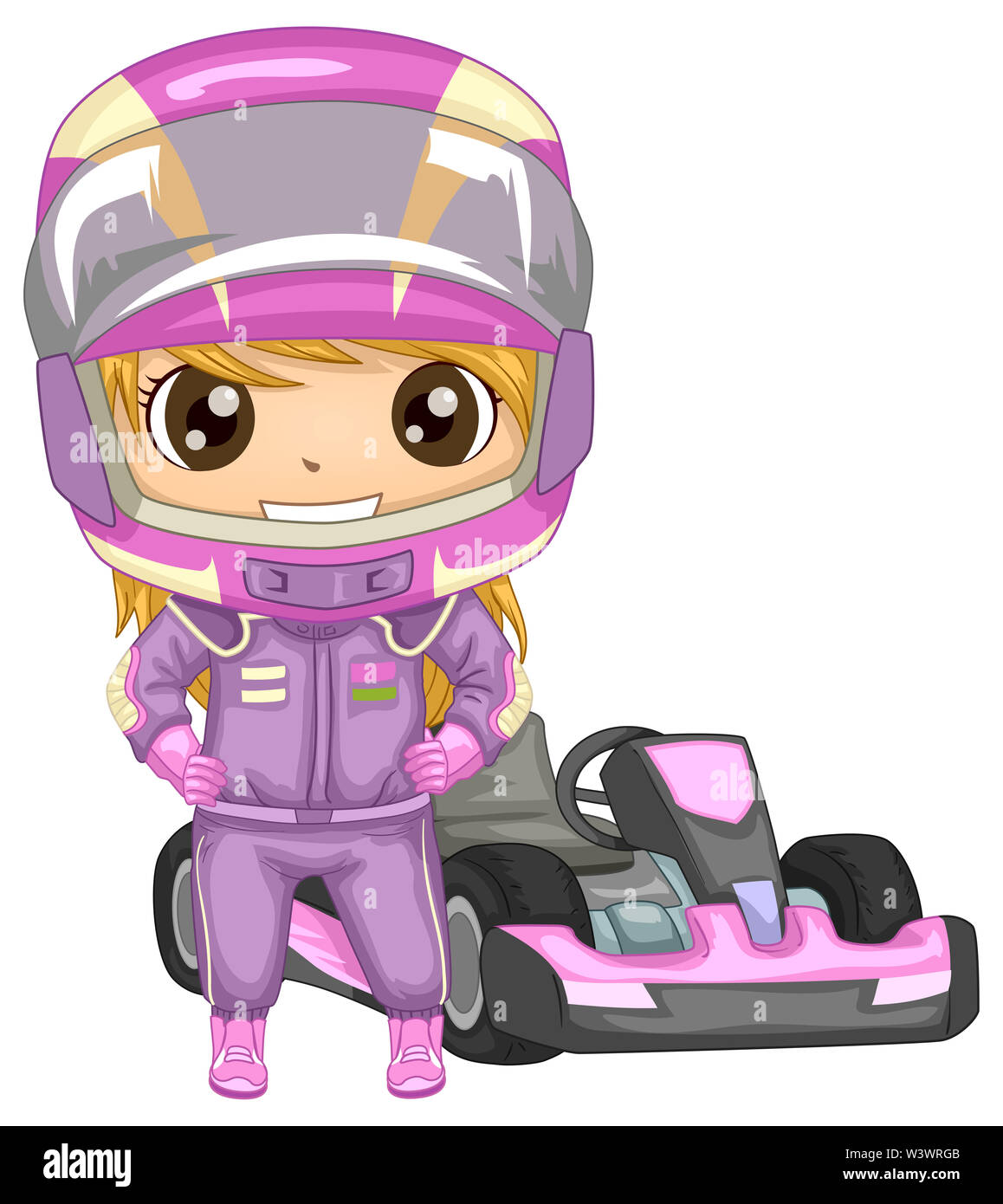 Illustrazione di un ragazzo che indossa la ragazza Go Kart casco e uniforme  con Racing Go Kart auto Foto stock - Alamy