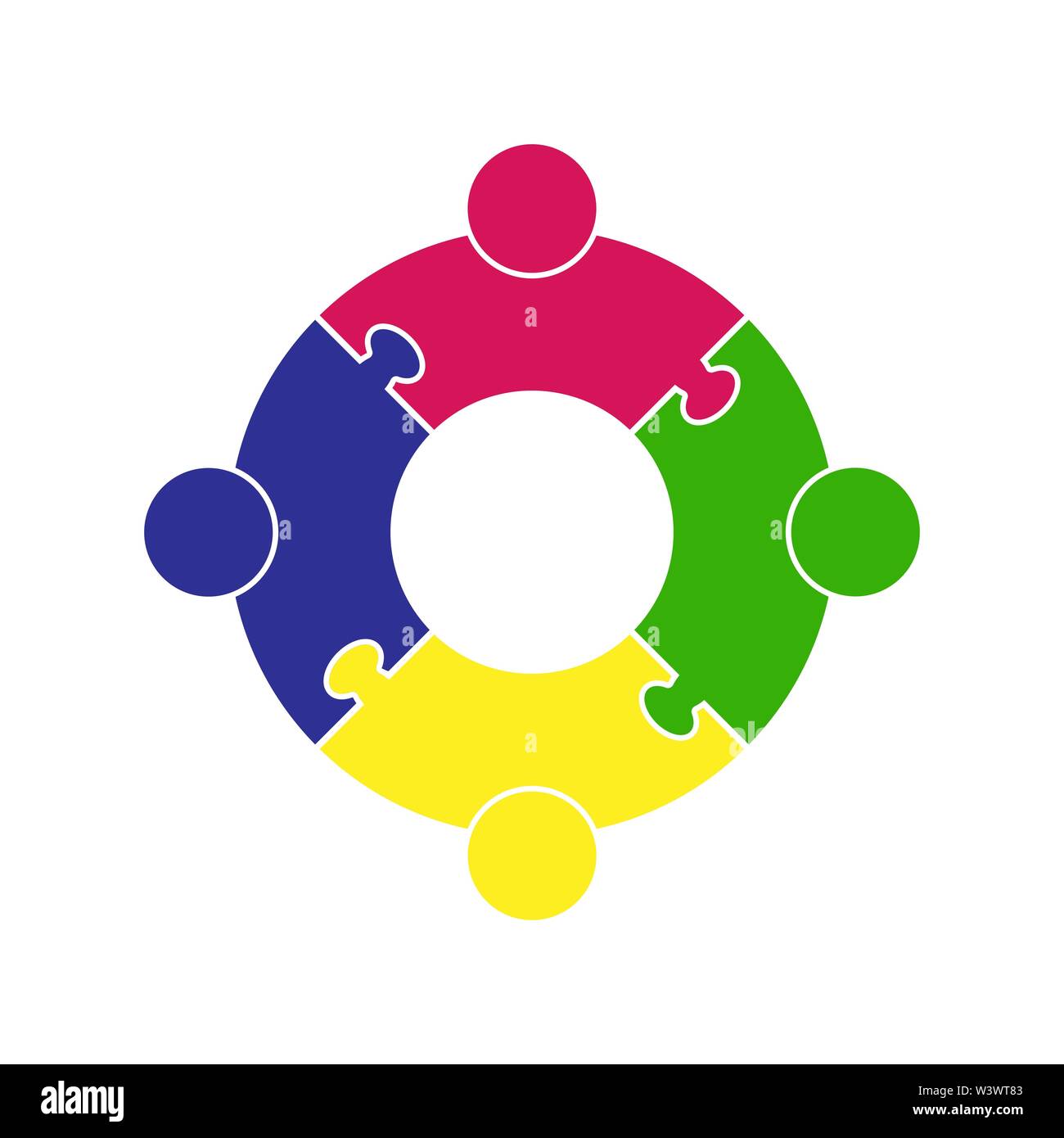 Lavoro di squadra logo.Cerchio in forma di un puzzle di quattro parti. Design piatto Illustrazione Vettoriale