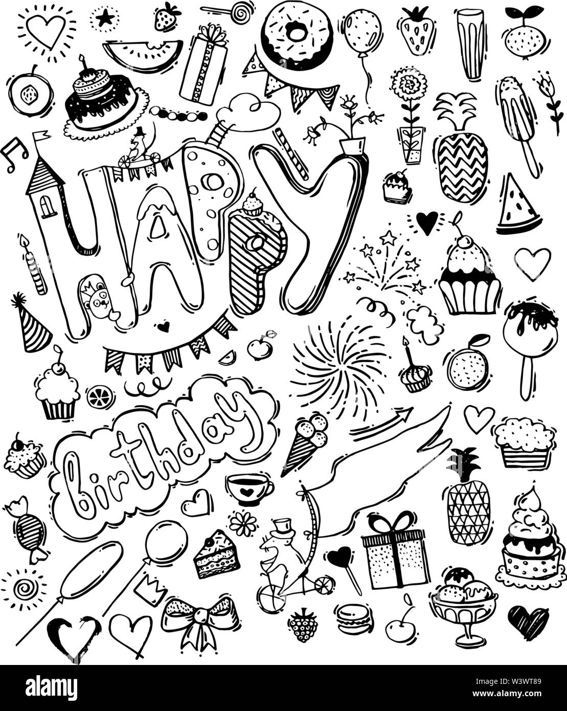 Doodle mano bozzetto, set di buon compleanno gli elementi di design. Frutta, torte, palloncini e decorazioni di vacanza. I bambini s compleanno, Cartoon carino stile. Illustrazione Vettoriale. Illustrazione Vettoriale