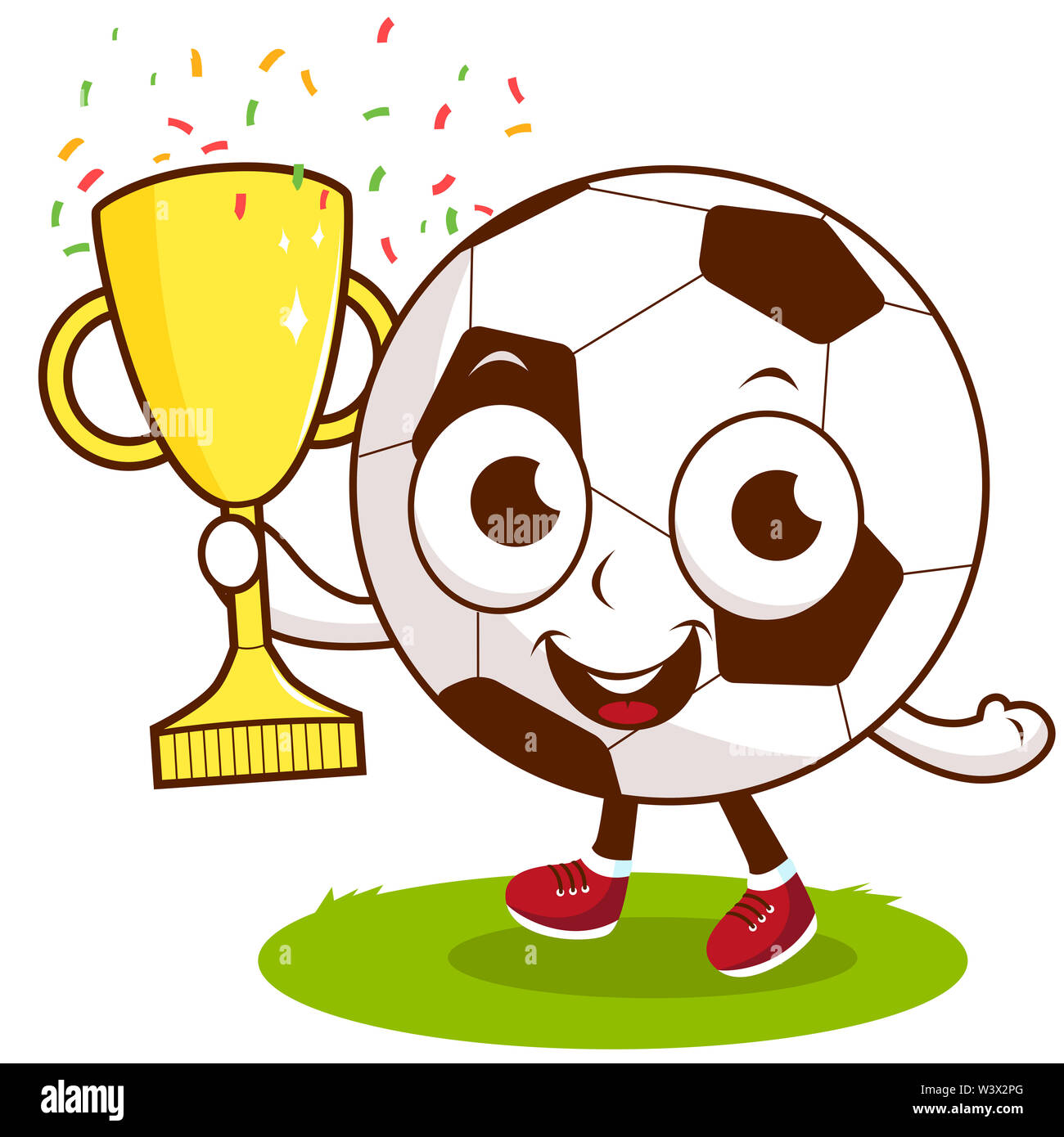 Il personaggio del pallone da calcio tira e tiene il trofeo del campionato sul campo da calcio. Giocatore di calcio a cartoni animati con premio. Foto Stock