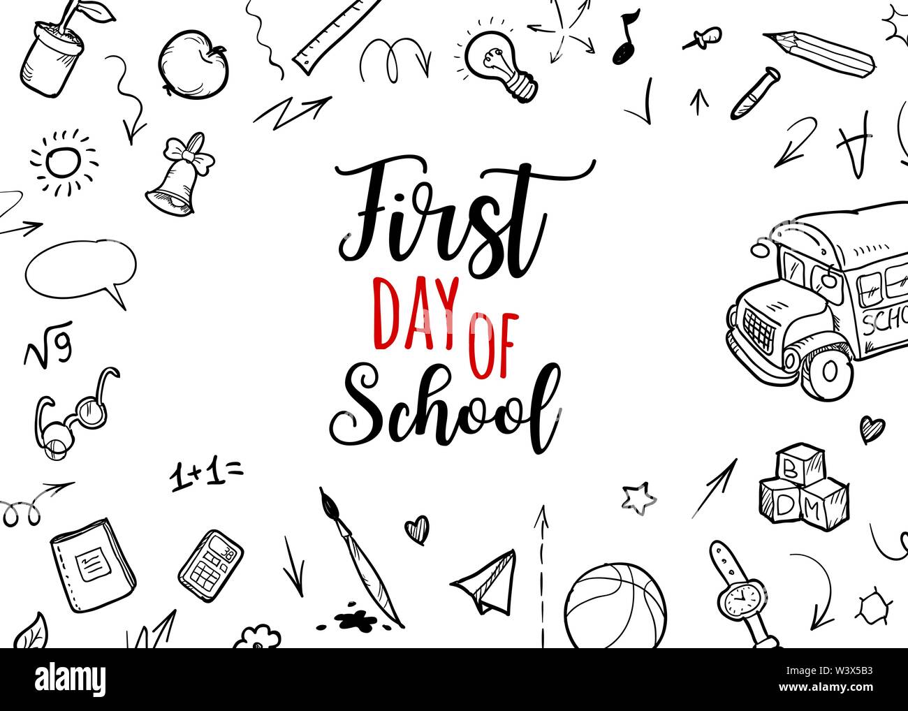 Si torna a scuola dello sfondo. Banner con texture dalla riga di icone di arte dell'educazione, la scienza degli oggetti e delle forniture di ufficio su sfondo bianco Illustrazione Vettoriale