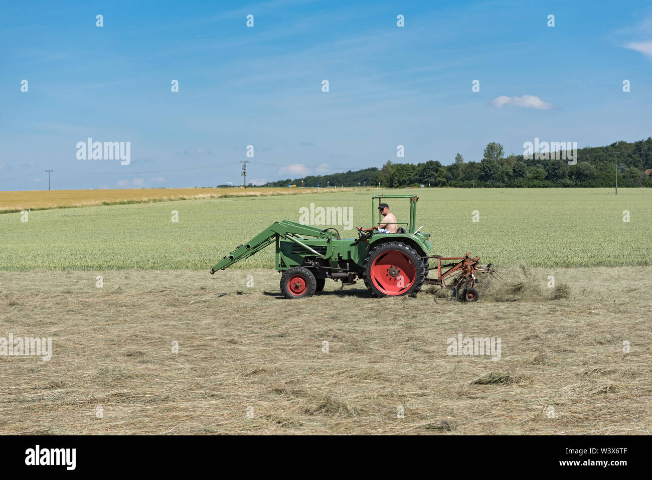 Agricoltore il trattore gira l'erba per una migliore essiccazione Foto Stock