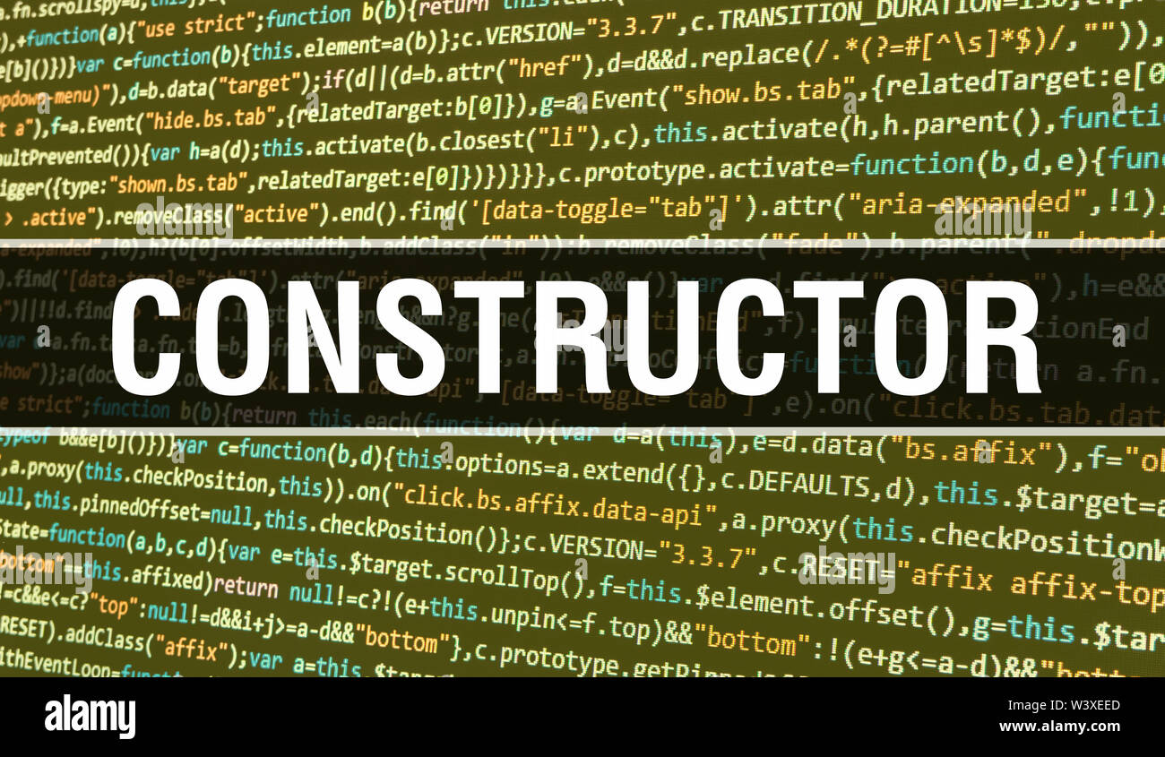 Concetto di costruttore con random di parti di codice di programma. Costruttore con codice di programmazione tecnologia astratta sullo sfondo di uno sviluppatore di software e Comp Foto Stock