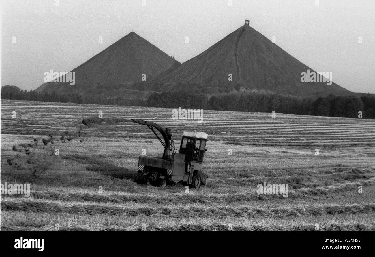 Archiviato - 01 Gennaio 1990 Berlino, Ronneburg: GDR/economia/Turingia/1990 Uranio cumuli bottino vicino Ronneburg. La foto è stata presa nei primi mesi del 1990 quando uranio è stato ancora minate. // Ambiente/suolo/dump di uranio/Mining/Radiazione/Treuhand la German-Soviet joint stock company è stata fondata dopo la nascita della Repubblica democratica tedesca per abilitare l'Unione Sovietica per continuare ad avere accesso all'uranio nei Monti Metalliferi. Tra il 1946 e il 1990, più di 200.000 tonnellate di minerale di uranio sono state minate. Quando miniere di uranio è stato interrotto nel 1990, vaste aree di sovraccaricare le macerie e fango che ha dovuto essere remedia Foto Stock