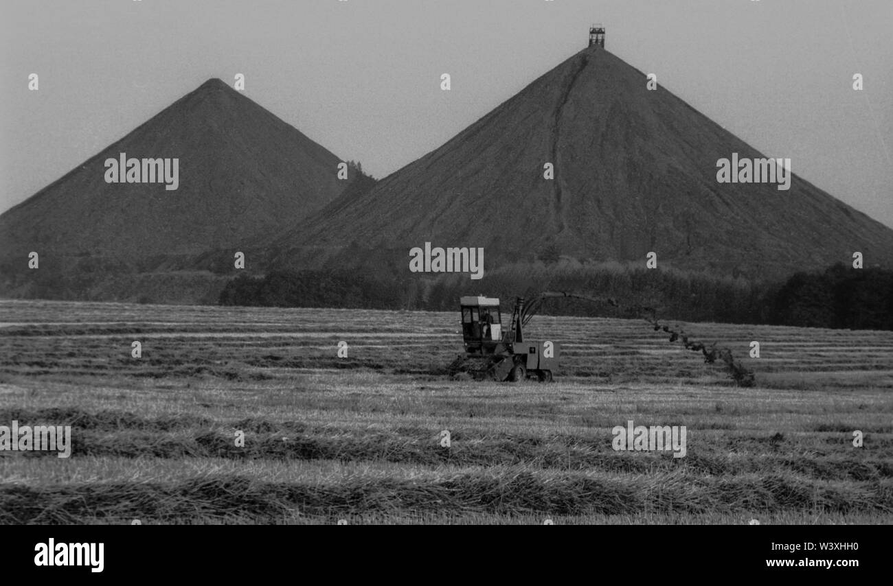 Archiviato - 01 Gennaio 1990 Berlino, Ronneburg: GDR/economia/Turingia/1990 Uranio cumuli bottino vicino Ronneburg. La foto è stata presa nei primi mesi del 1990 quando uranio è stato ancora minate. // Ambiente/suolo/dump di uranio/Mining/Radiazione/Treuhand la German-Soviet joint stock company è stata fondata dopo la nascita della Repubblica democratica tedesca per abilitare l'Unione Sovietica per continuare ad avere accesso all'uranio nei Monti Metalliferi. Tra il 1946 e il 1990, più di 200.000 tonnellate di minerale di uranio sono state minate. Quando miniere di uranio è stato interrotto nel 1990, vaste aree di sovraccaricare le macerie e fango che ha dovuto essere remedia Foto Stock