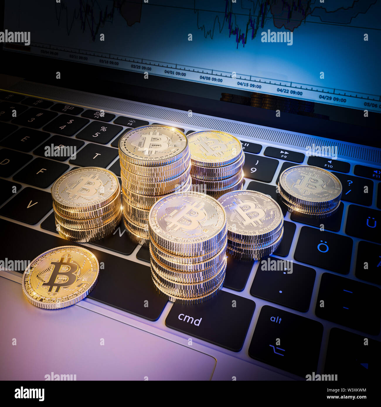 Immagine 3D render di oro bitcoin monete sul laptop moderno. E Blockchain cryptocurrency concetto. Foto Stock