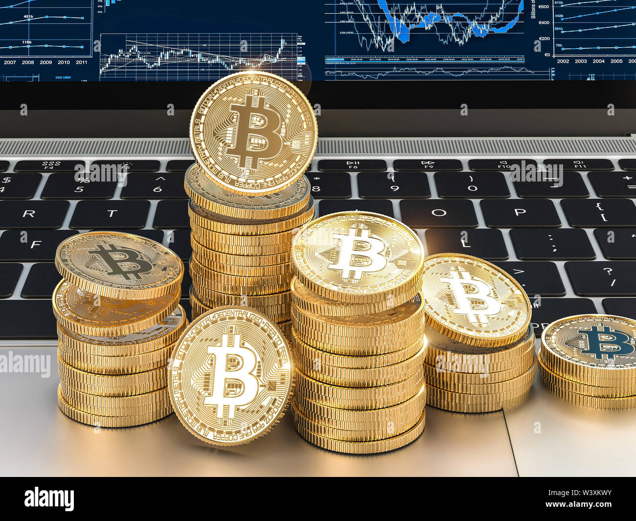 Immagine 3D render di oro bitcoin monete sul laptop moderno. E Blockchain cryptocurrency concetto. Foto Stock