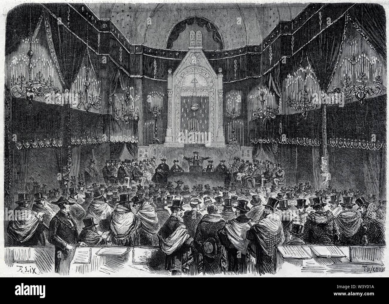 Servizio funèbre en l'honneur du Commandant Franchetti.,Au Temple israélite de la rue Notre-Dame-de-Nazareth. 1871. Foto Stock