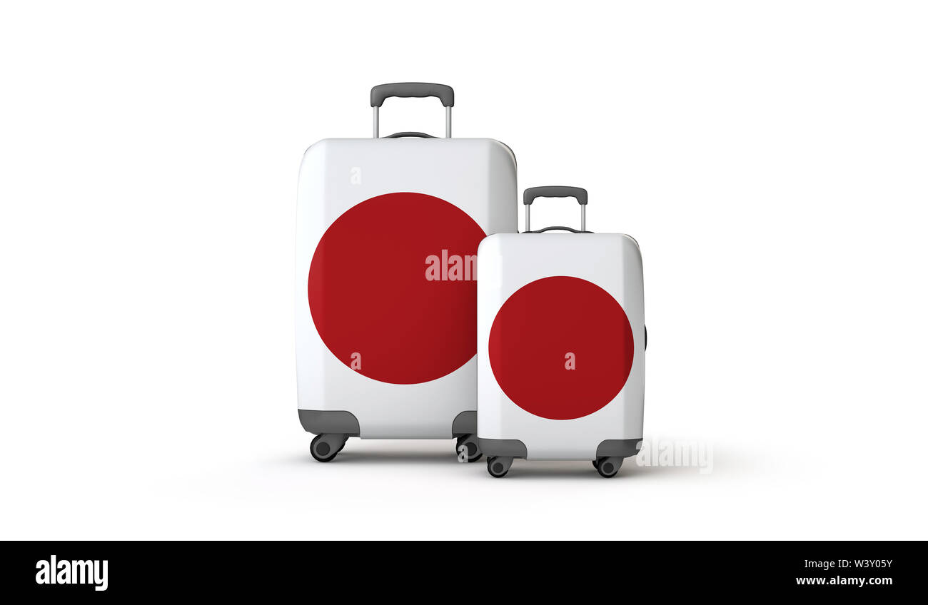 Bandiera del Giappone holiday destination travel valigie isolato su bianco. 3D Render Foto Stock