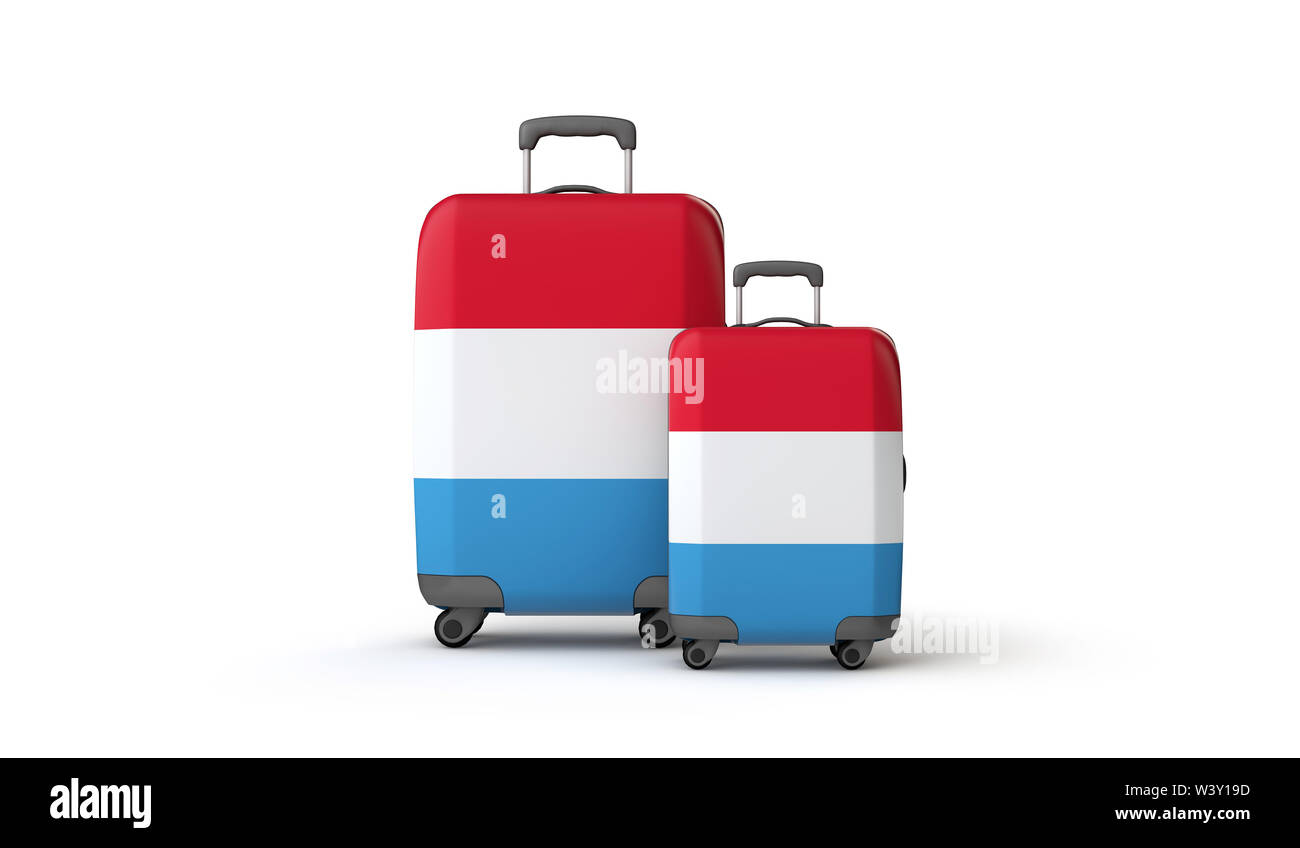 Lussemburgo bandiera destinazione di vacanza valigie isolato su bianco. 3D Render Foto Stock