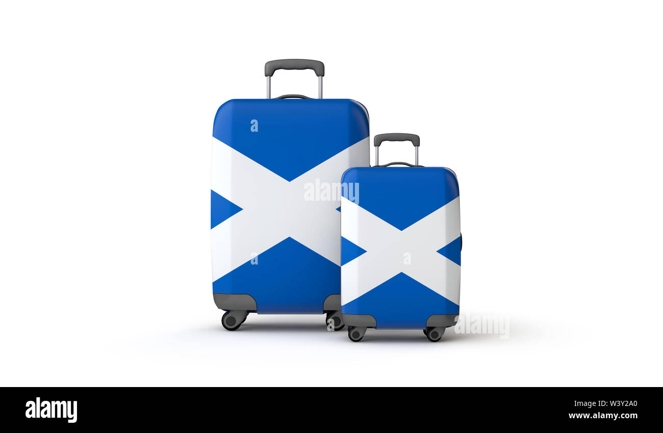 Scozia bandiera holiday destination travel valigie isolato su bianco. 3D Render Foto Stock