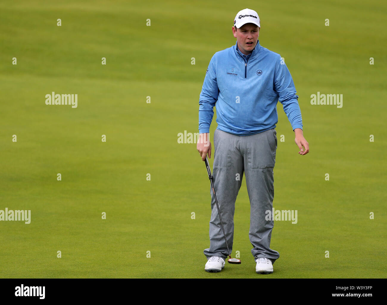 Scozia Robert Macintyre sul xviii durante il primo giorno del Campionato Open 2019 presso il Royal Portrush Golf Club. Foto Stock